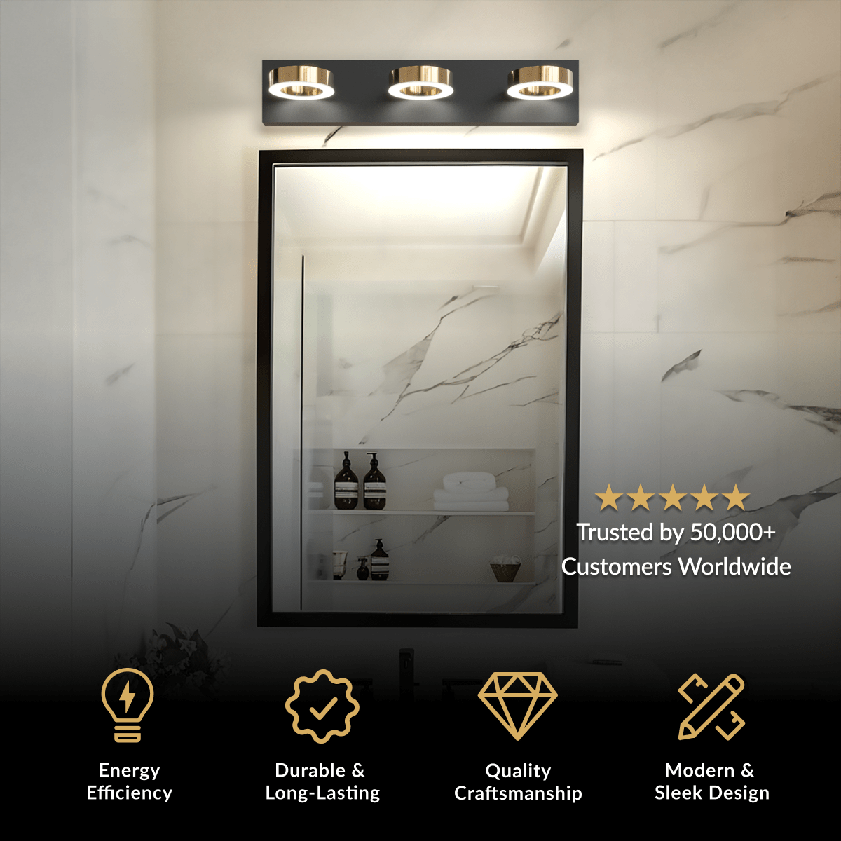Aurora bathroom light, matte black three-ring vanity fixture mounted above a mirror