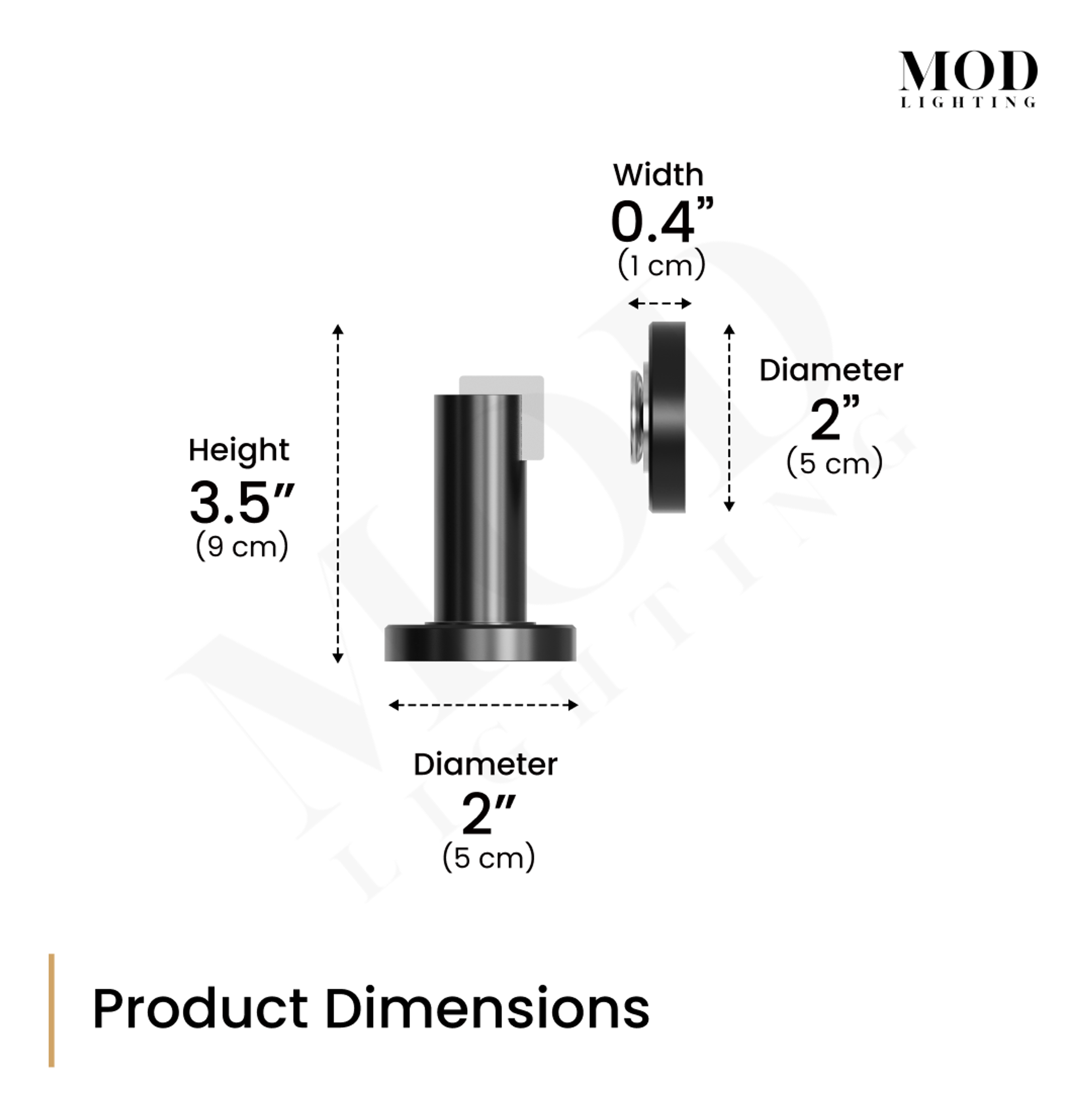 Modern Door Stop dimension diagram: 3.5 in tall, 2 in base diameter, 2 in catch with 0.4 in width