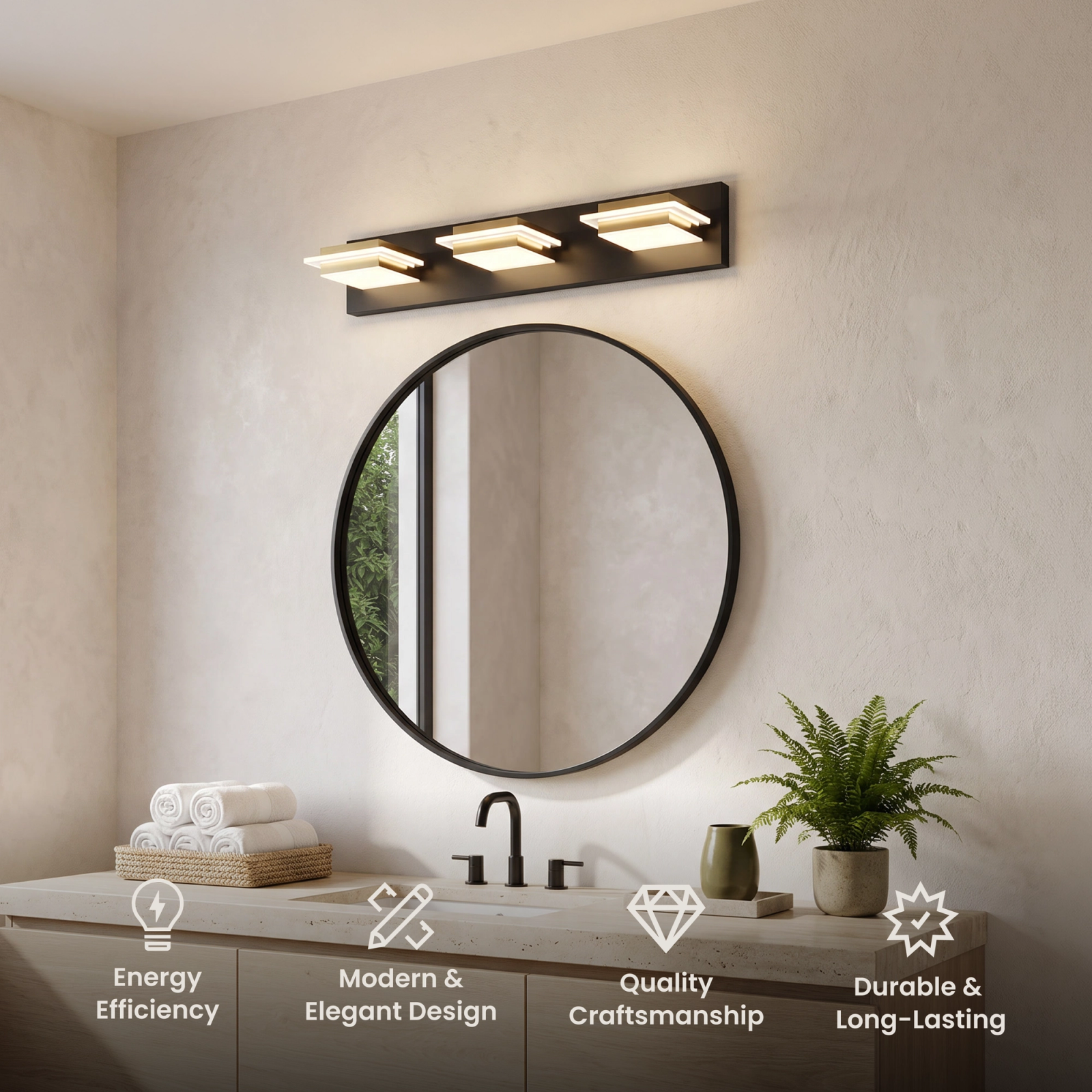 Willow bathroom light, three cube glass shades on a matte black bar with gold accents above a mirror