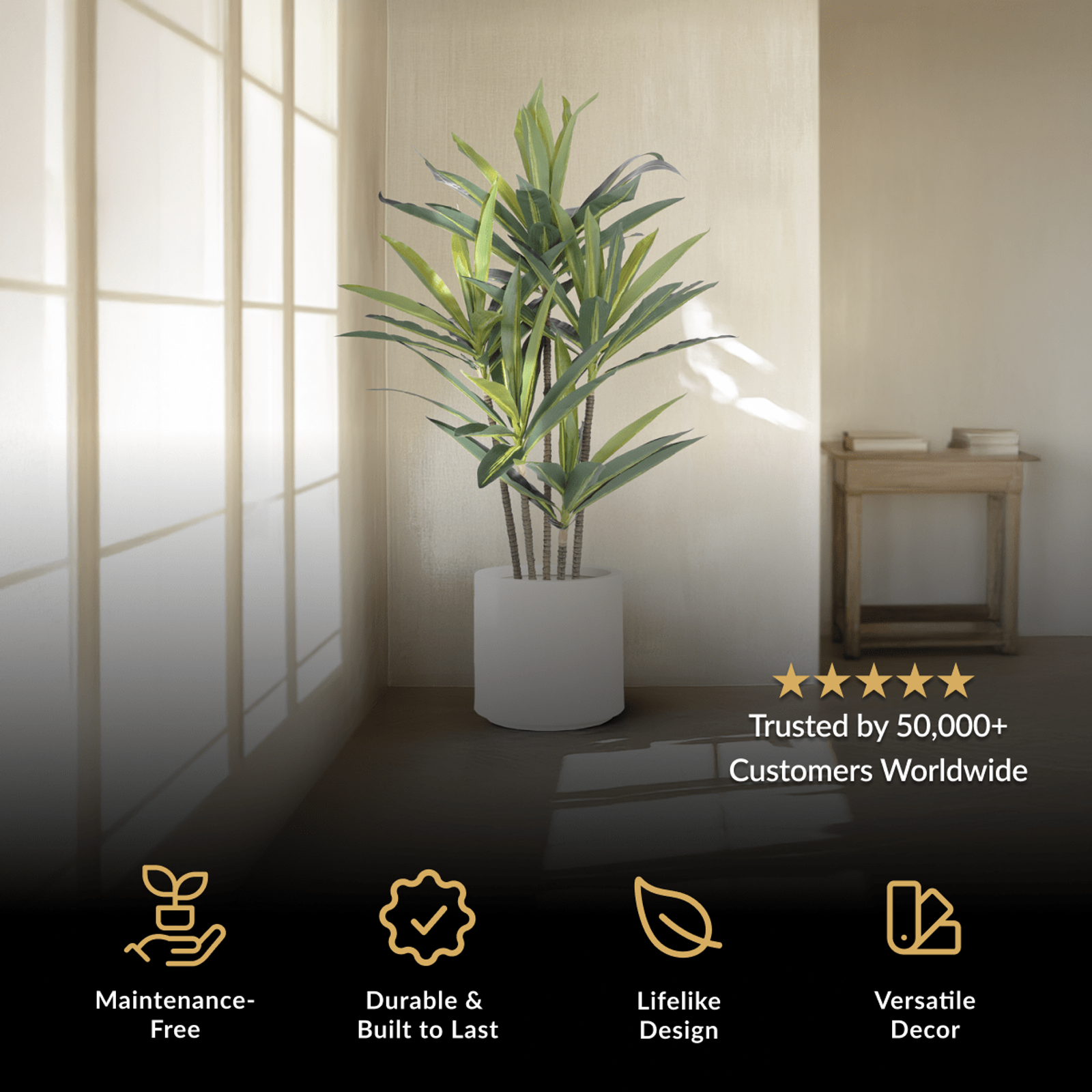 Dracaena, artificial plant with slender arching green leaves in a white cylindrical pot