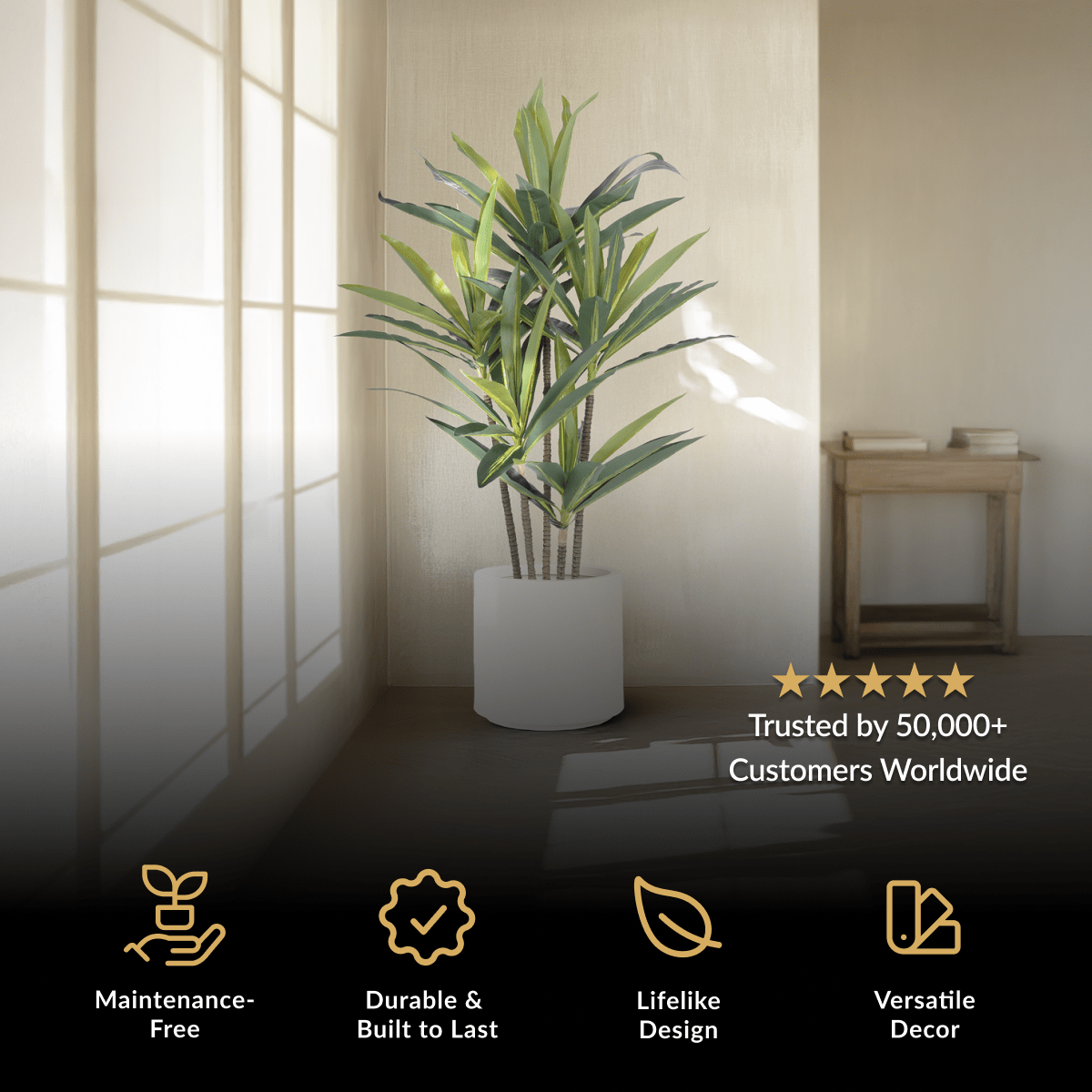 Dracaena, artificial plant with slender arching green leaves in a white cylindrical pot