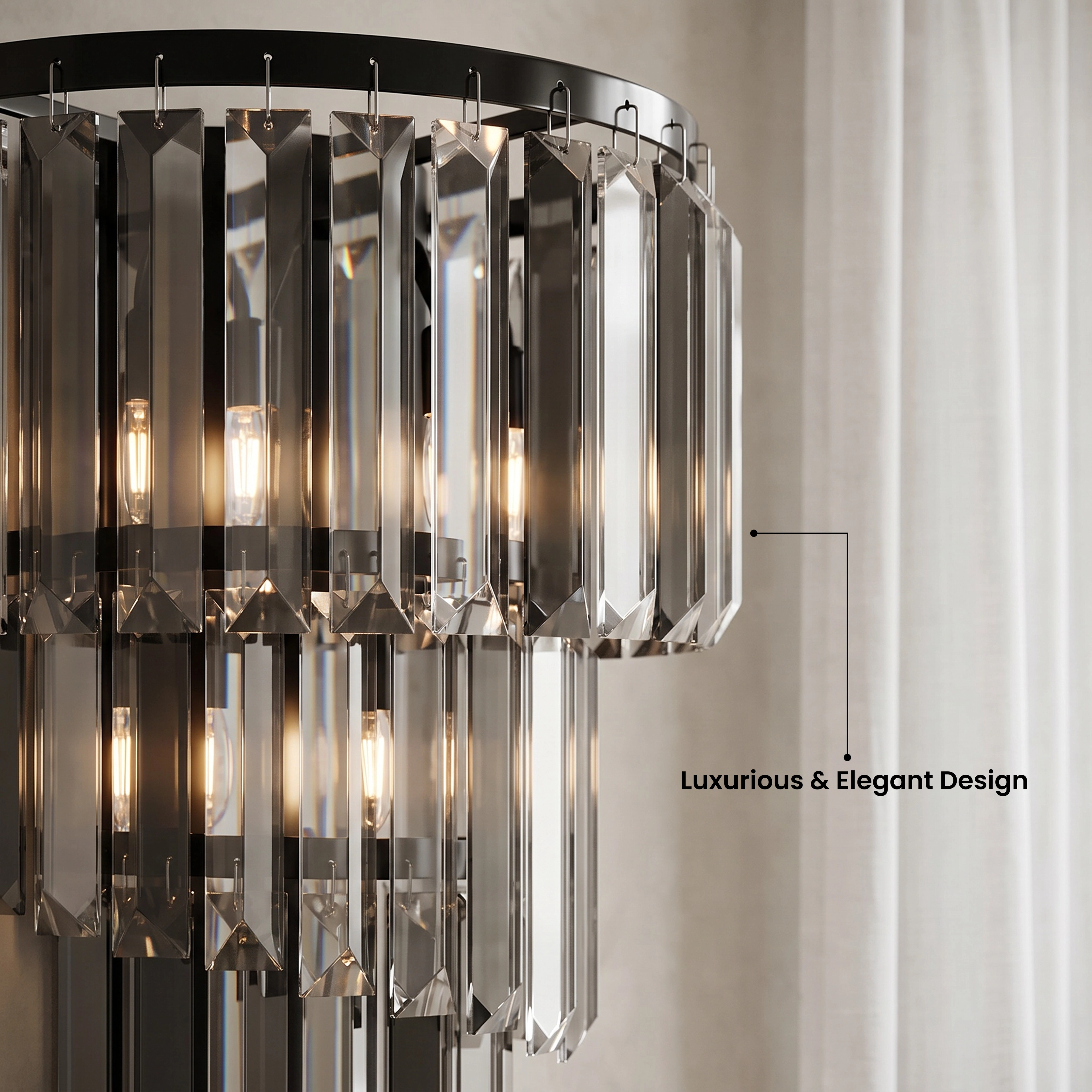 Umbra tiered crystal sconce in warm white 3000K light beside a bed, on a stone wall