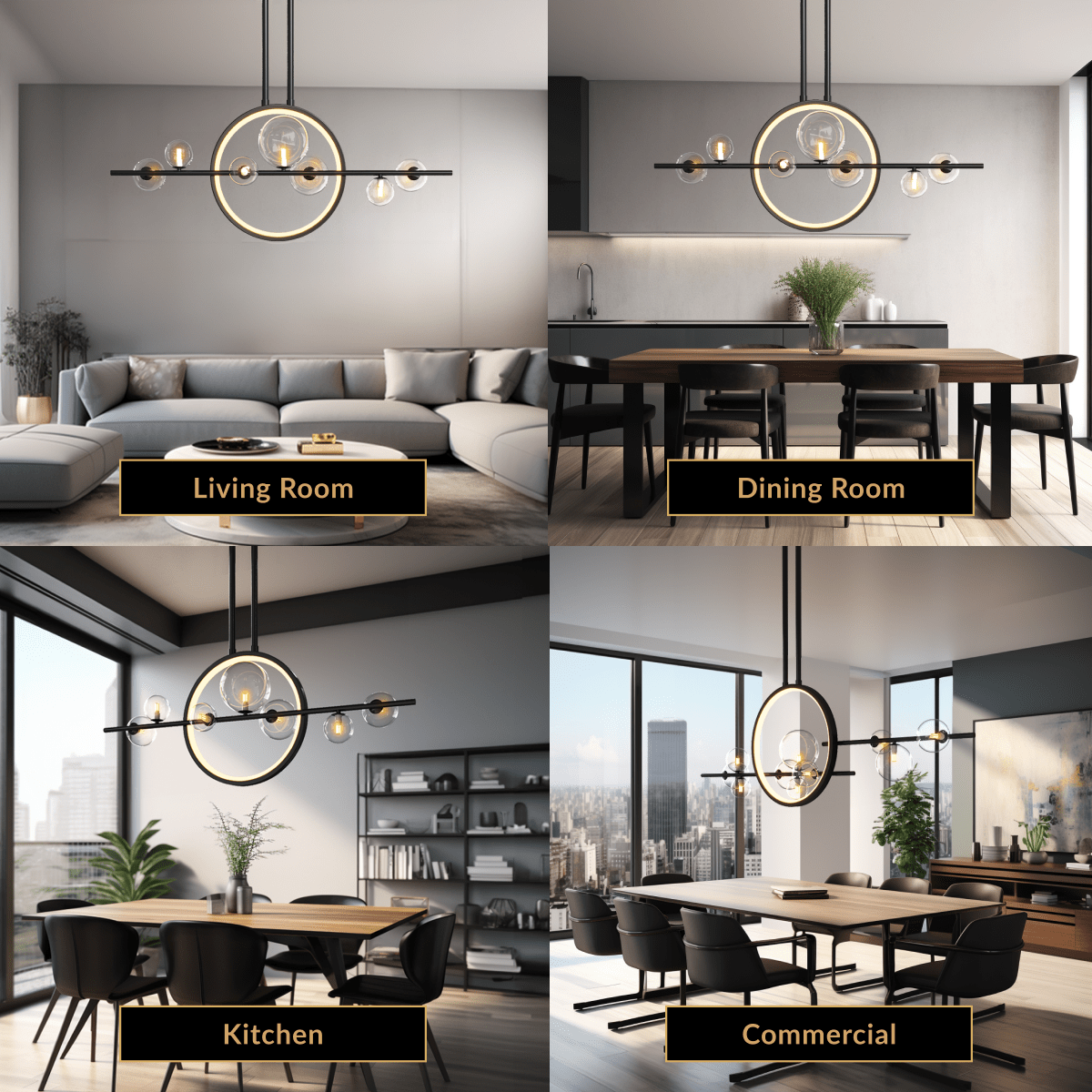 Hailey Nordic chandelier, black linear frame with clustered clear-glass globes over a living room and dining table