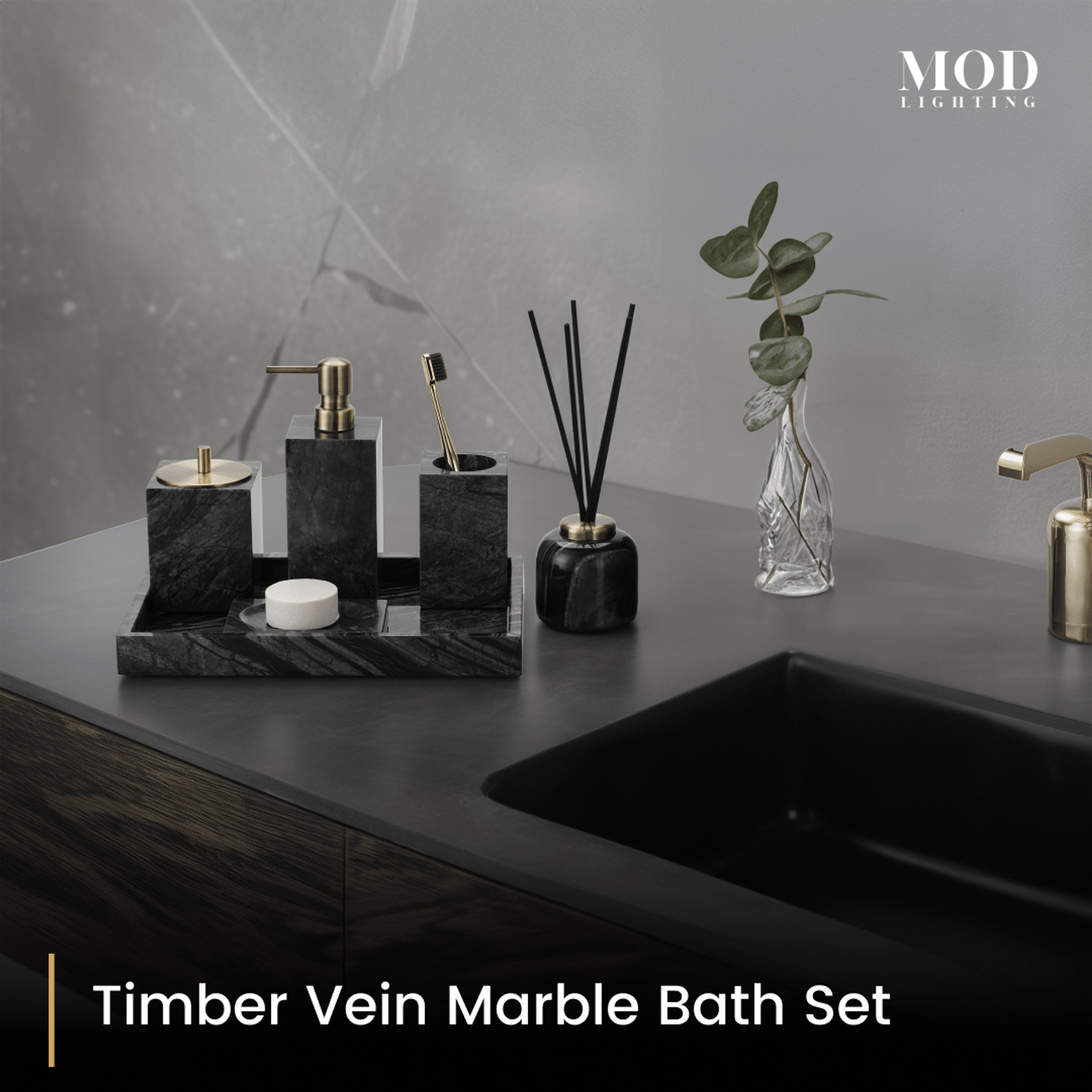 Timber Vein Marble Bath Set on a tray beside a glass bud vase on a dark vanity