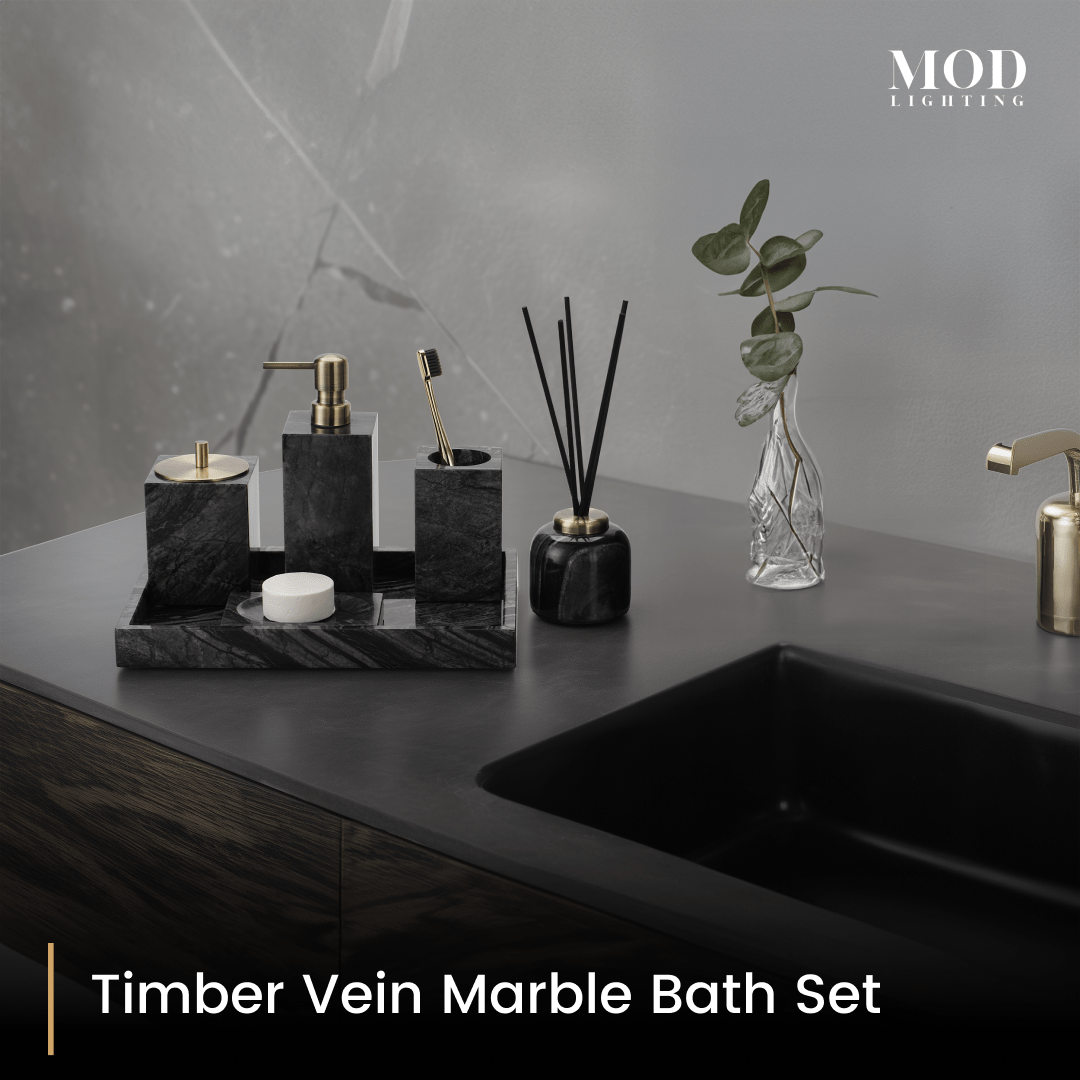 Timber Vein Marble Bath Set on a tray beside a glass bud vase on a dark vanity
