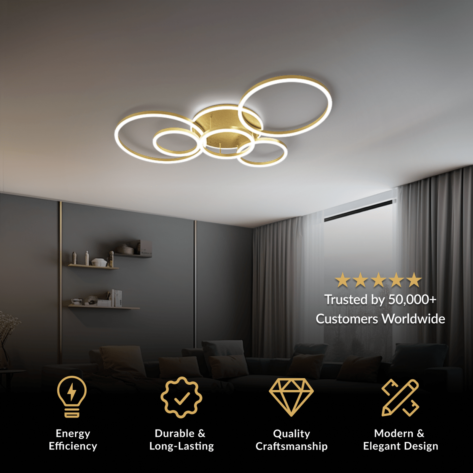 Chloe gold ceiling light, cluster of five illuminated rings mounted on a living room ceiling
