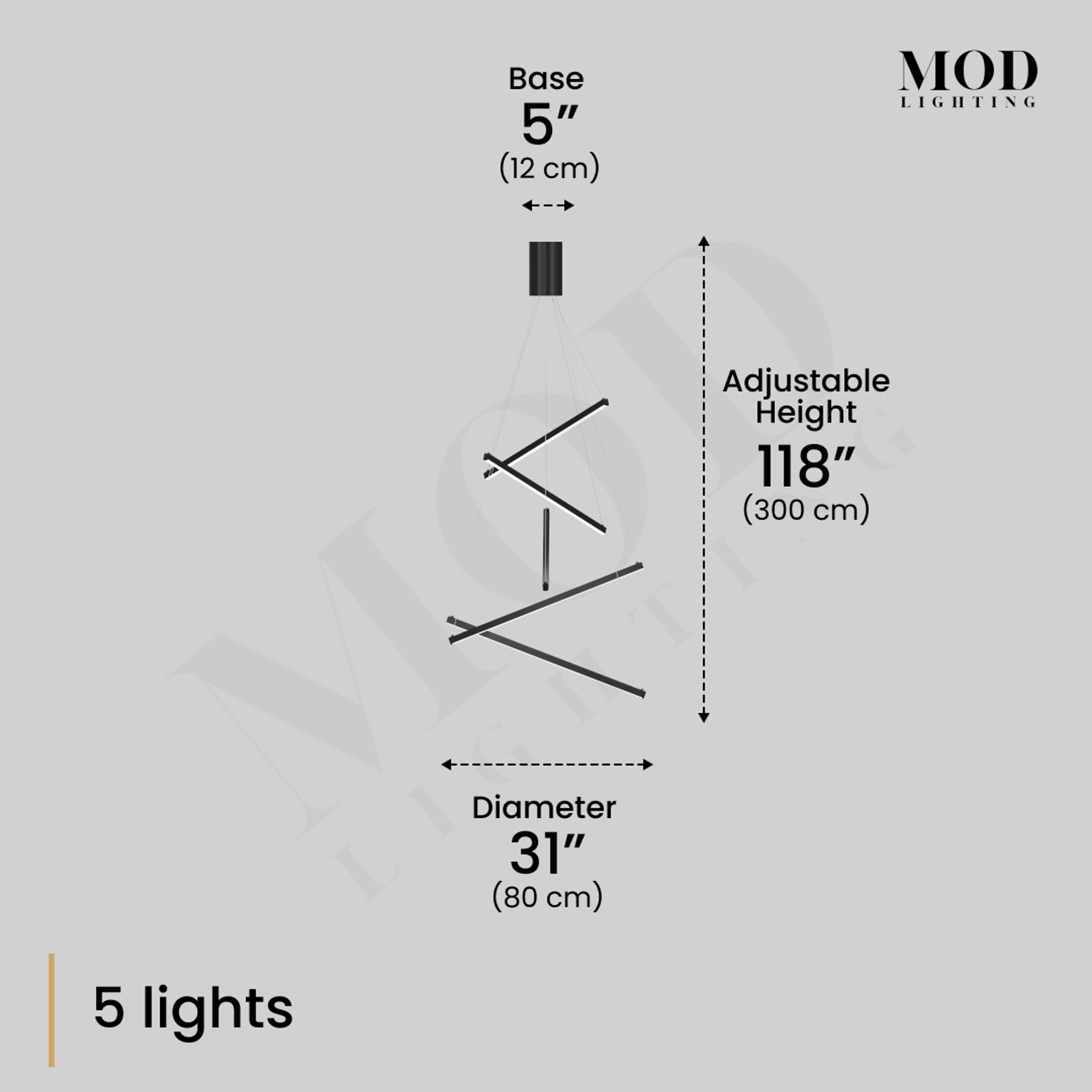 Finn dimension diagram, 5 black spiraling light bars, 5" base, 31" diameter, 118" adjustable height