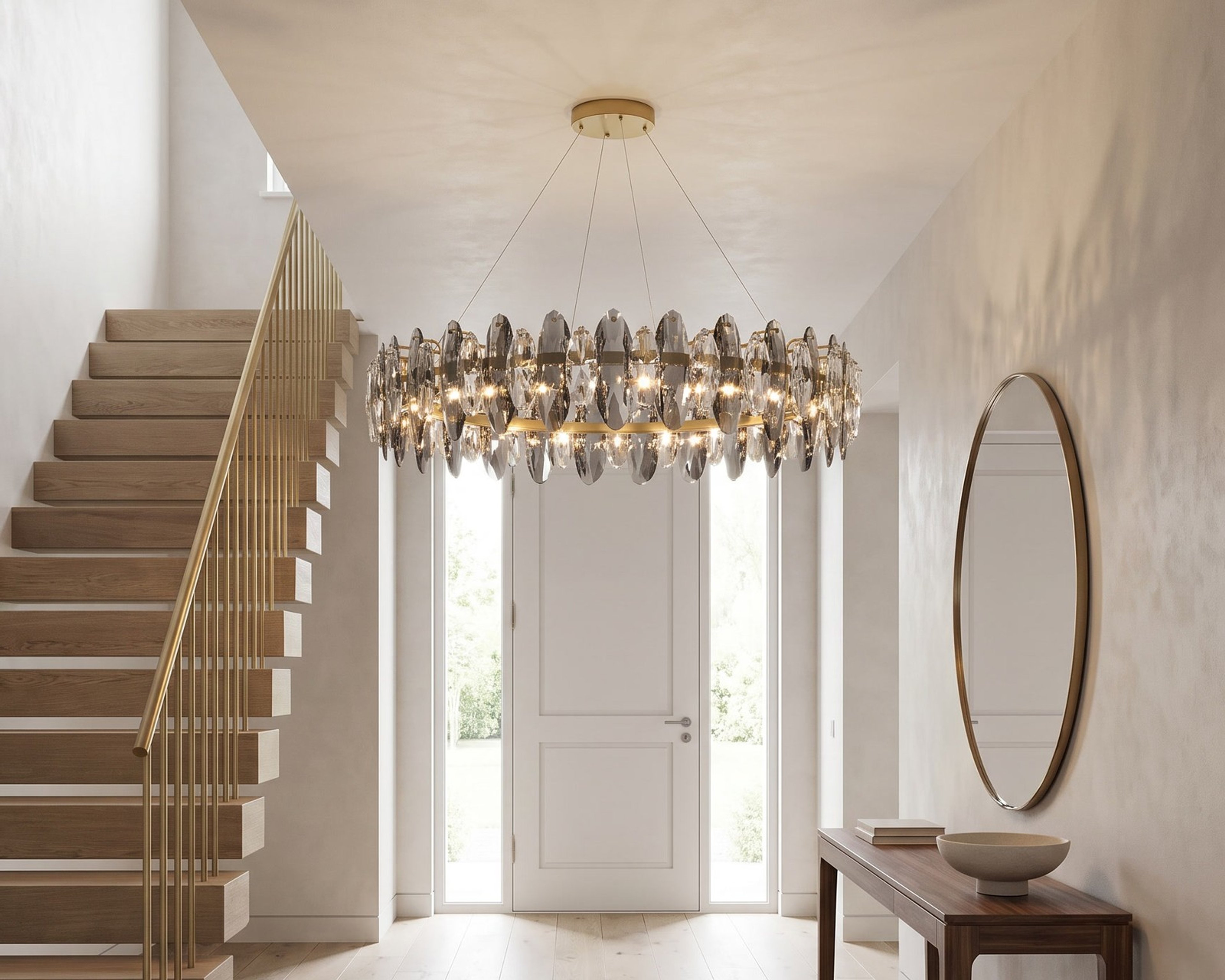 Celestial chandelier in an entrance foyer, staircase and console