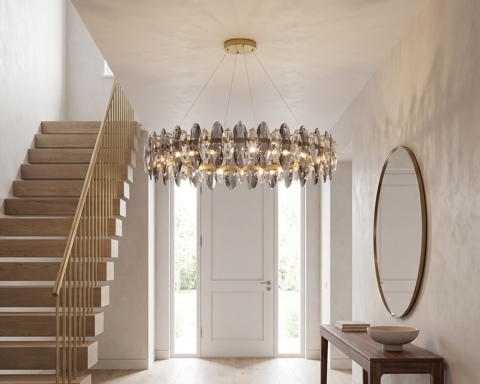 Celestial chandelier in an entrance foyer, staircase and console