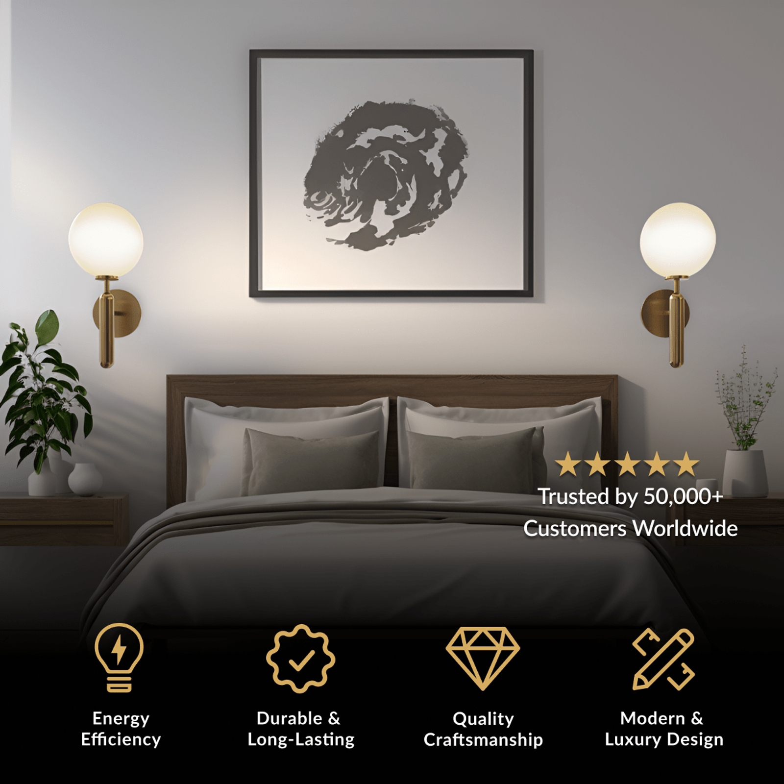 Angelica Sconce pair of gold sconces with white glass globes flanking artwork above a bed