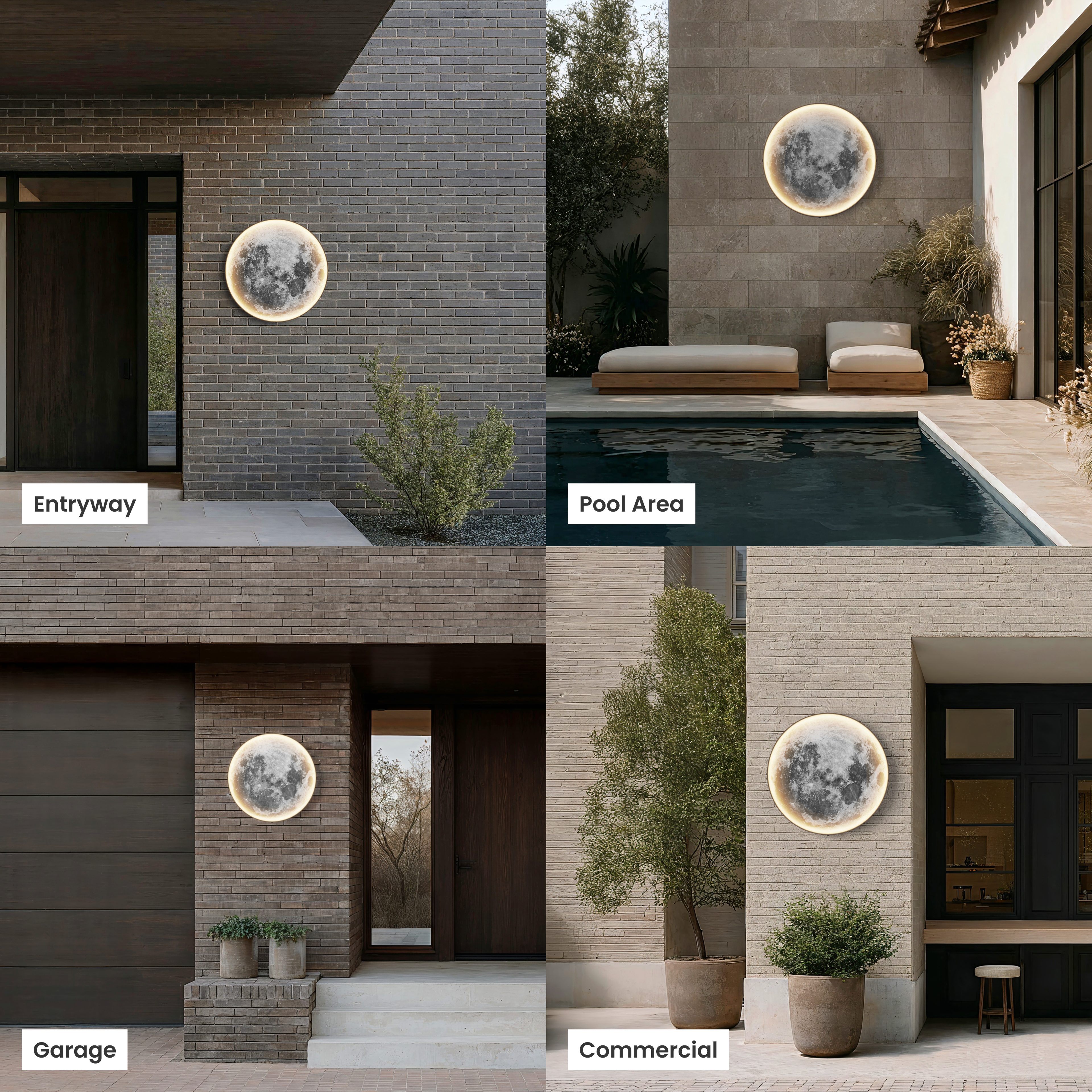Luna Outdoor Smart moon wall light shown at an entryway, pool area, garage and commercial building