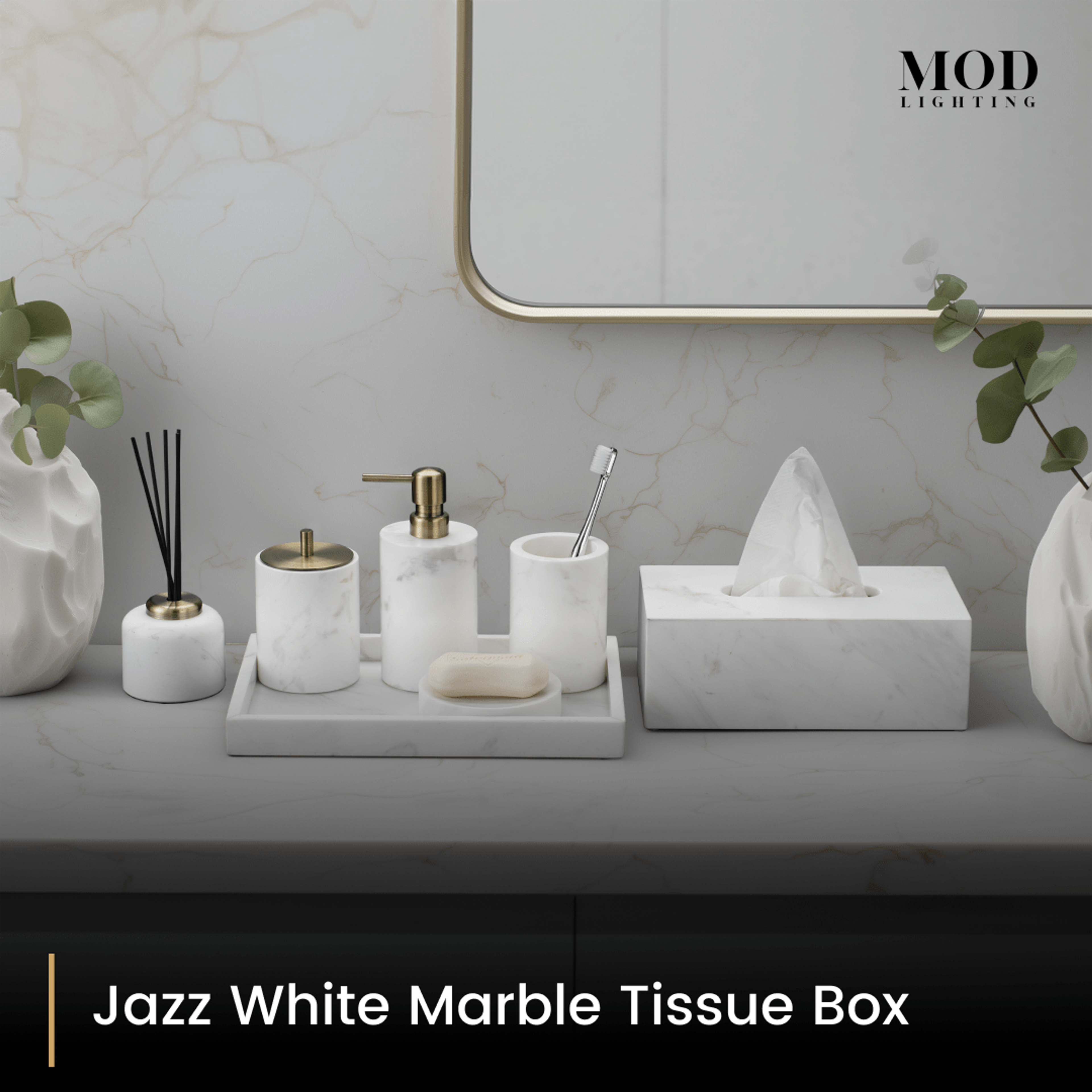 Jazz White Marble tissue box with the full white marble bath set on a tray against a marble backsplash