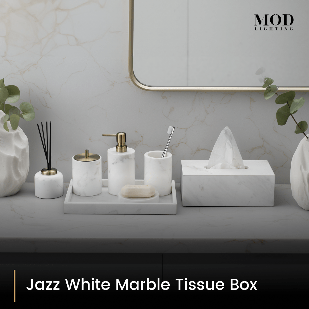 Jazz White Marble tissue box with the full white marble bath set on a tray against a marble backsplash