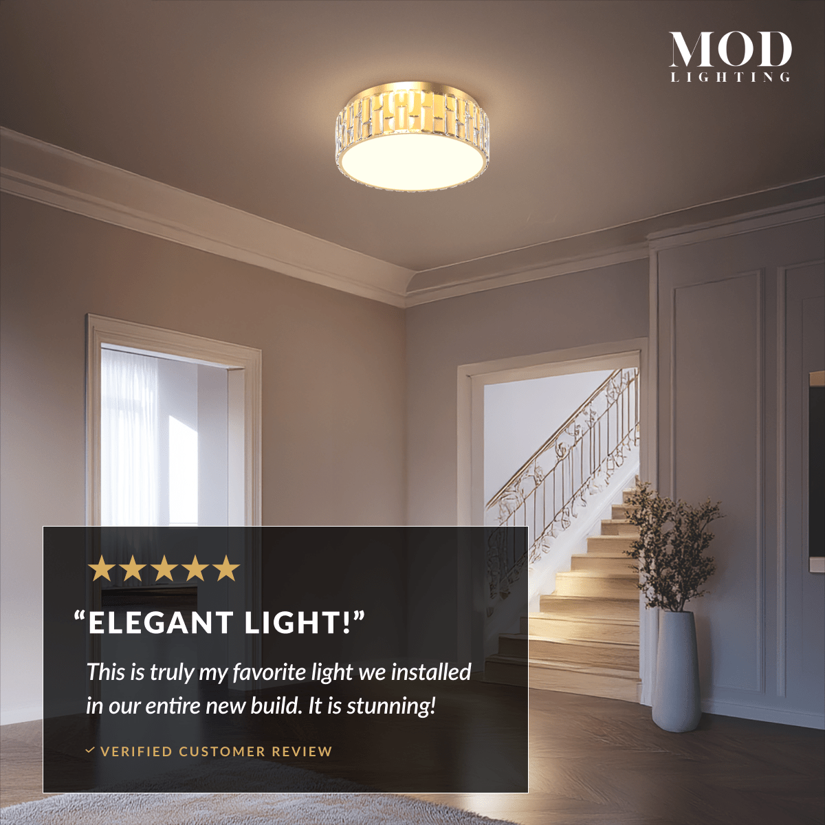 Elara brushed-gold crystal drum flush-mount ceiling light in an entryway beside a staircase