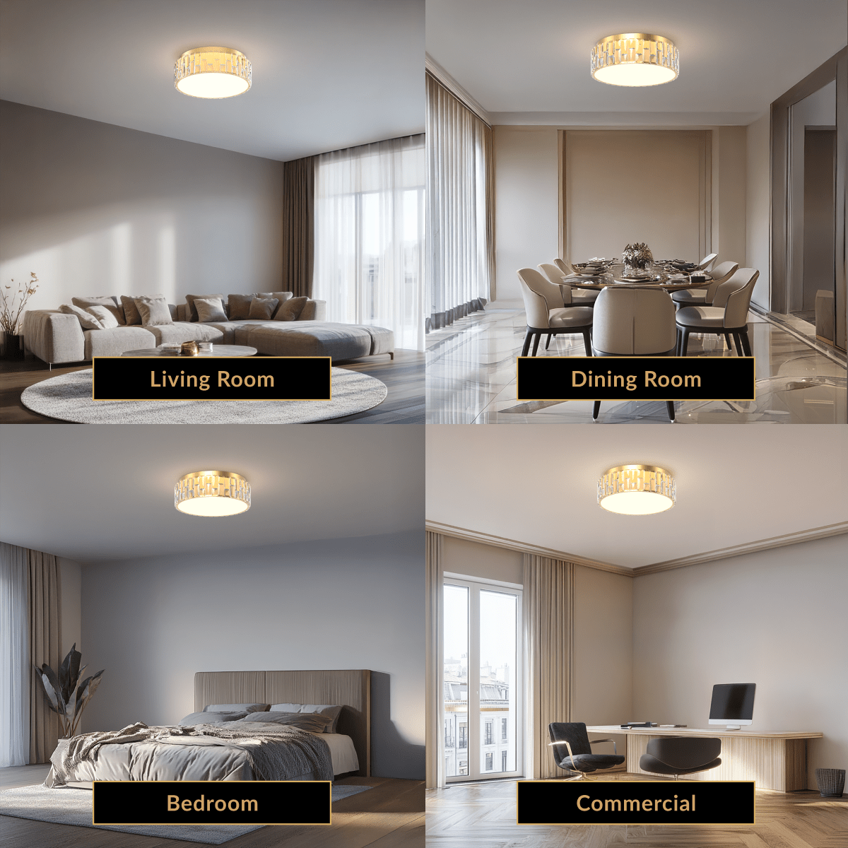 Elara brushed-gold crystal drum flush-mount ceiling light in living, dining, bedroom and commercial rooms