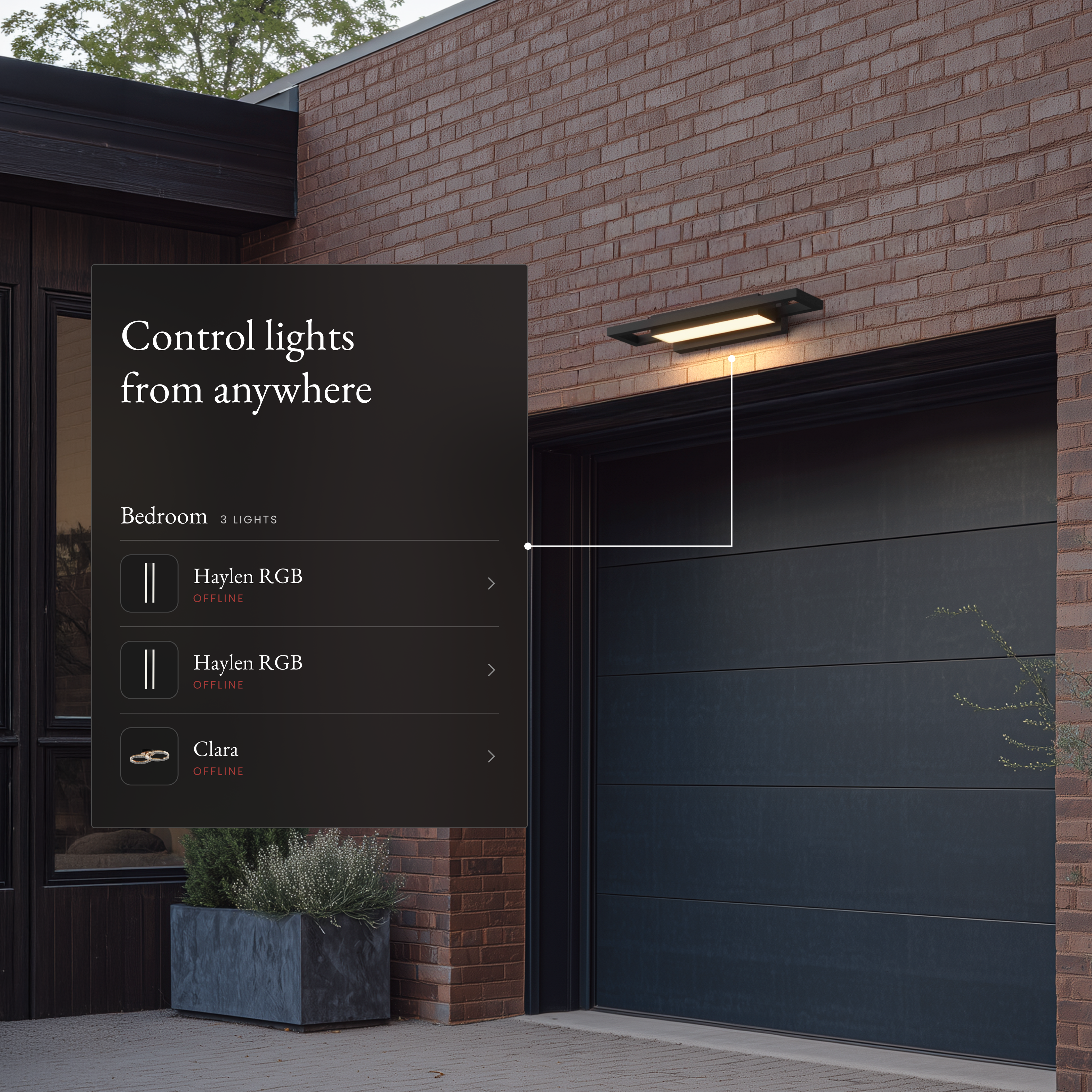 Brooklyn Smart black stainless sconce above a garage door beside an app panel controlling lights from anywhere