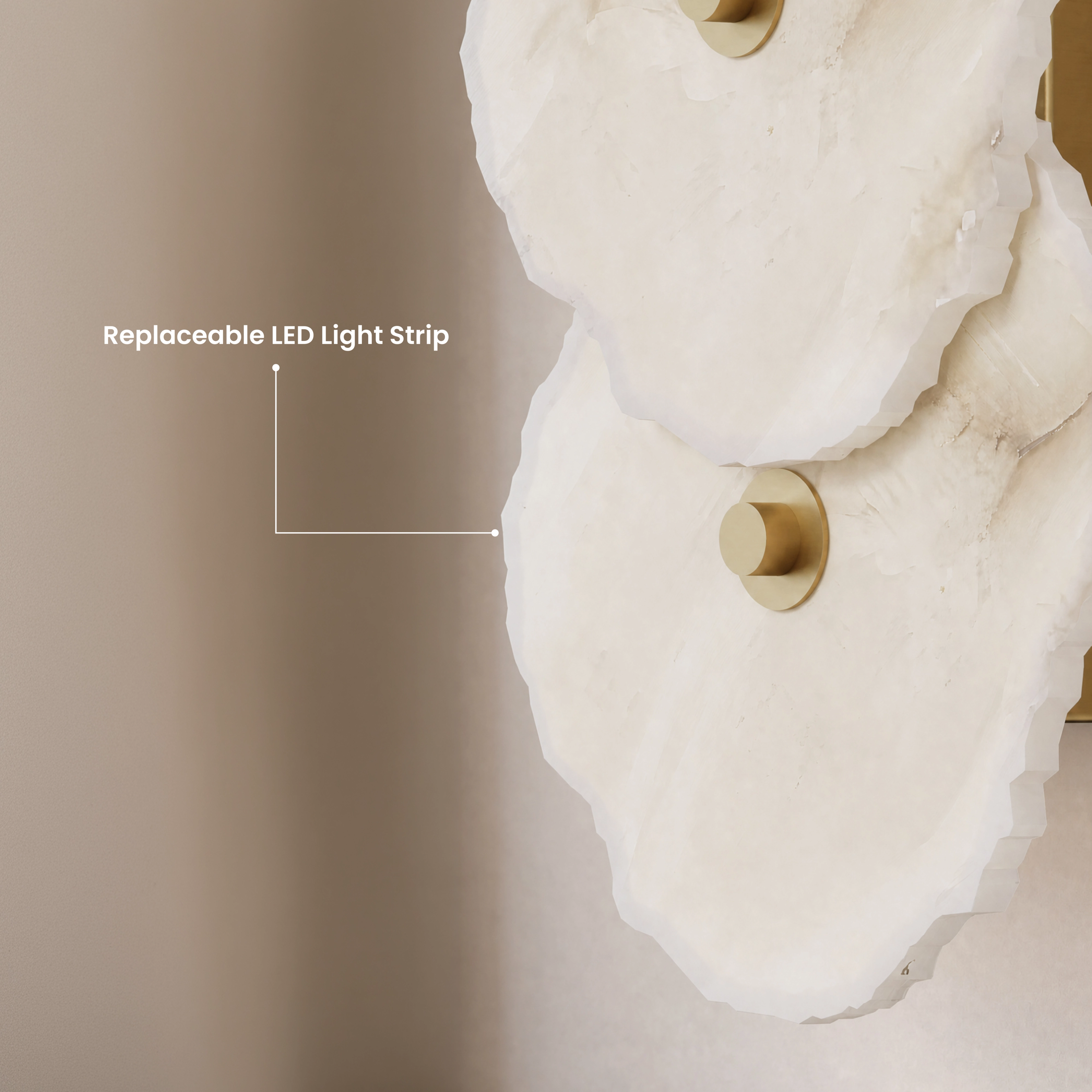 Alba Sconce Smart alabaster petals with brass fittings close-up, labeled replaceable LED light strip