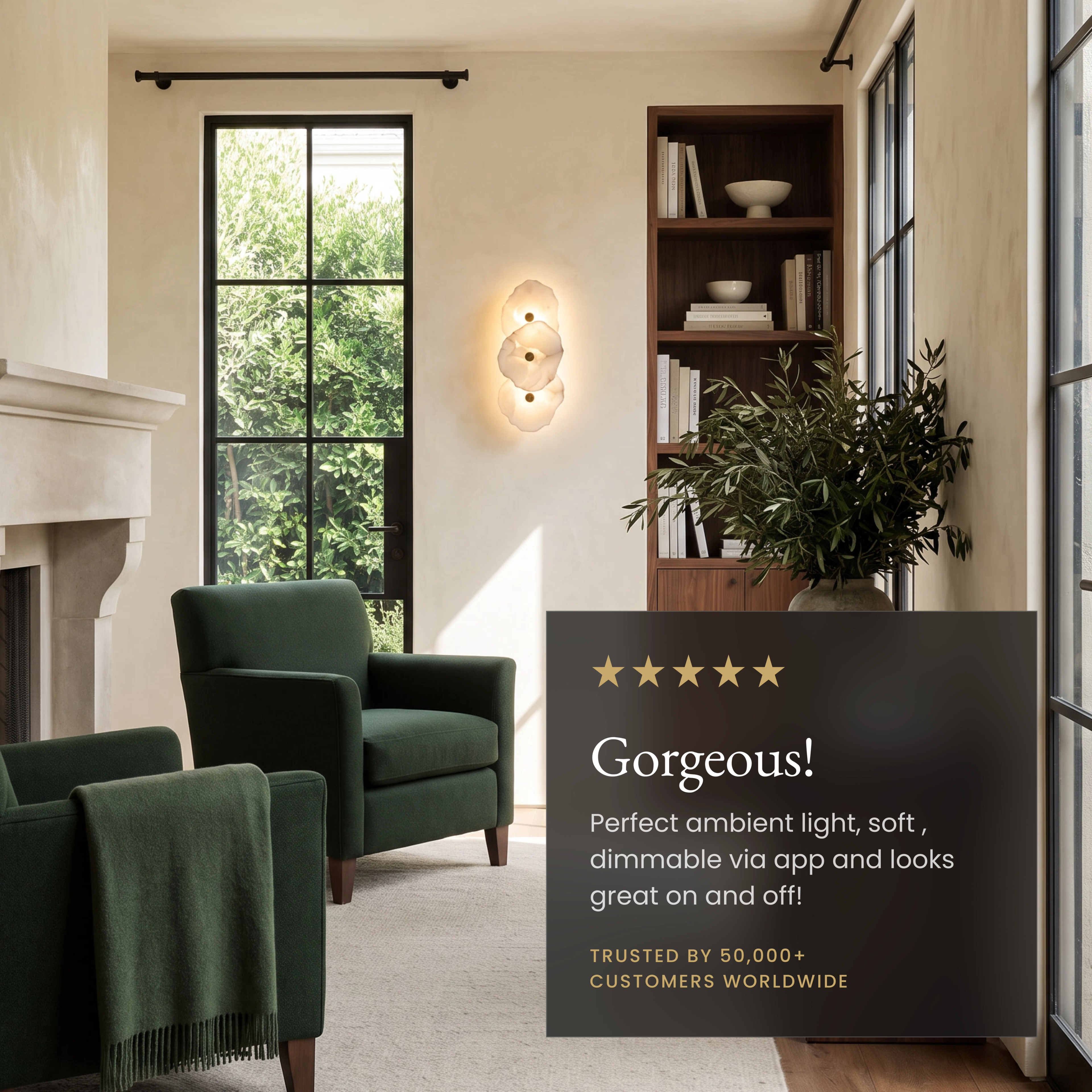 Alba Sconce Smart alabaster wall sconce in a living room beside a five-star customer review