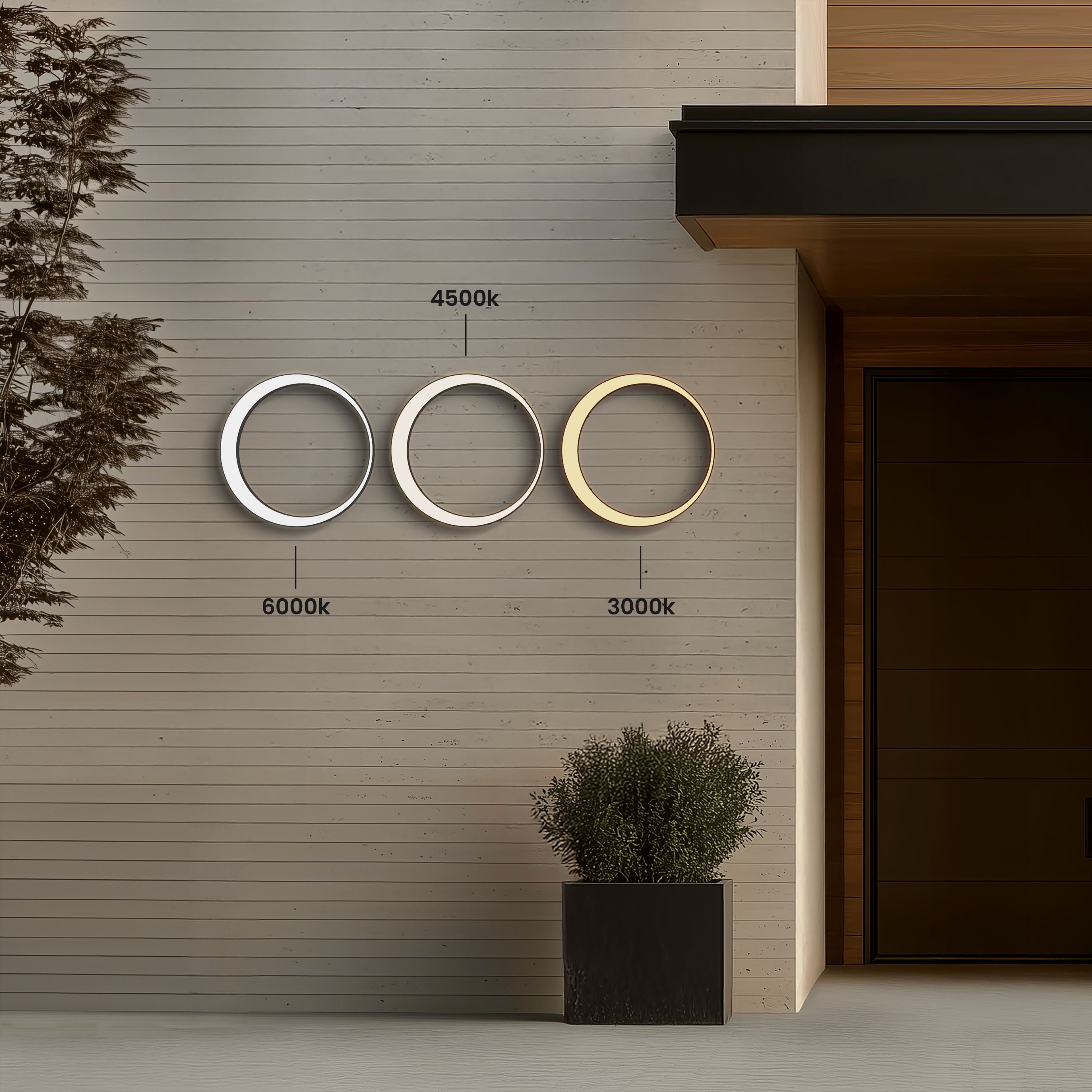 Gleam Smart round LED wall lights shown in 3000K, 4500K and 6000K color temperatures on a wall