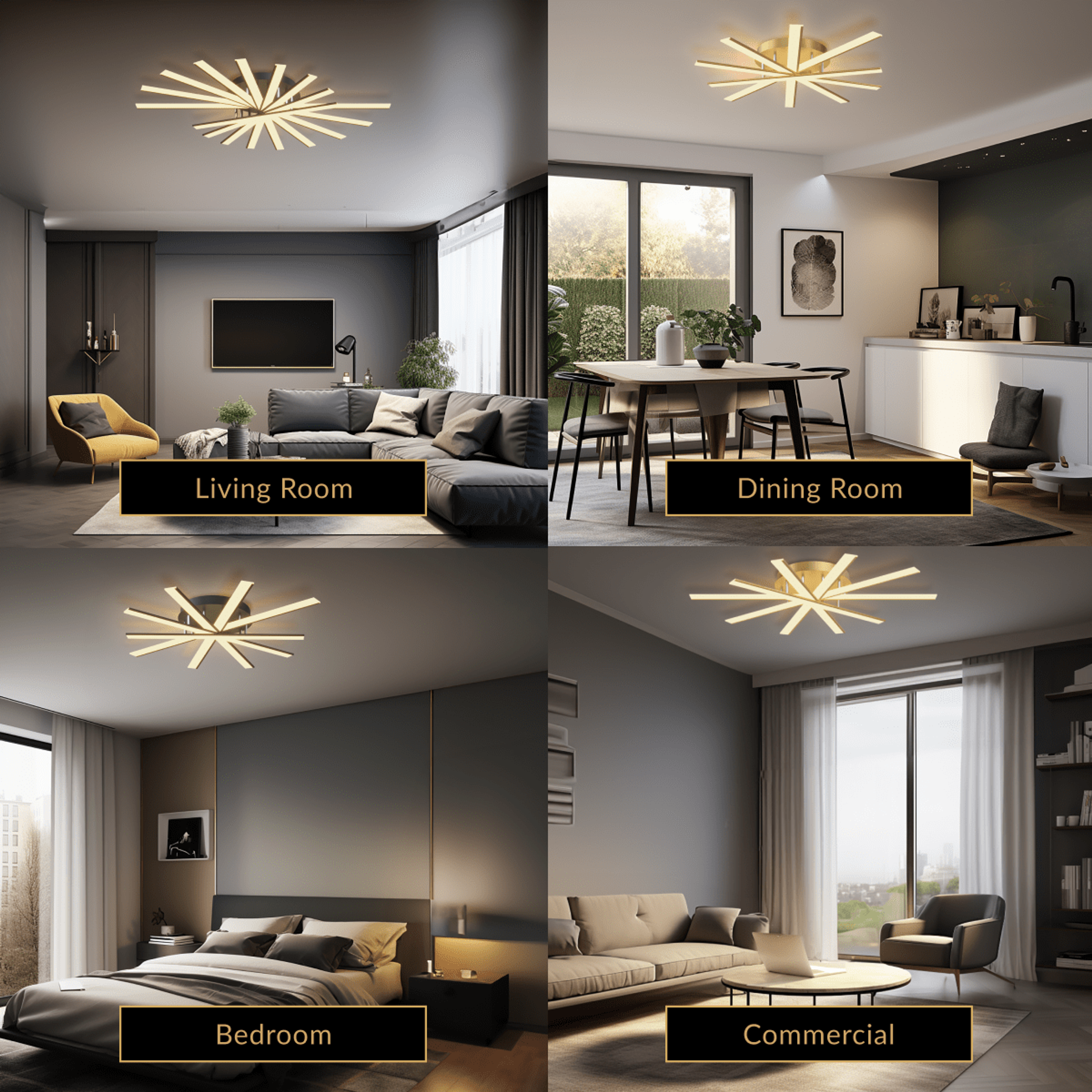 Jayce ceiling light with radiating LED bars shown in living room, dining room, bedroom and commercial spaces