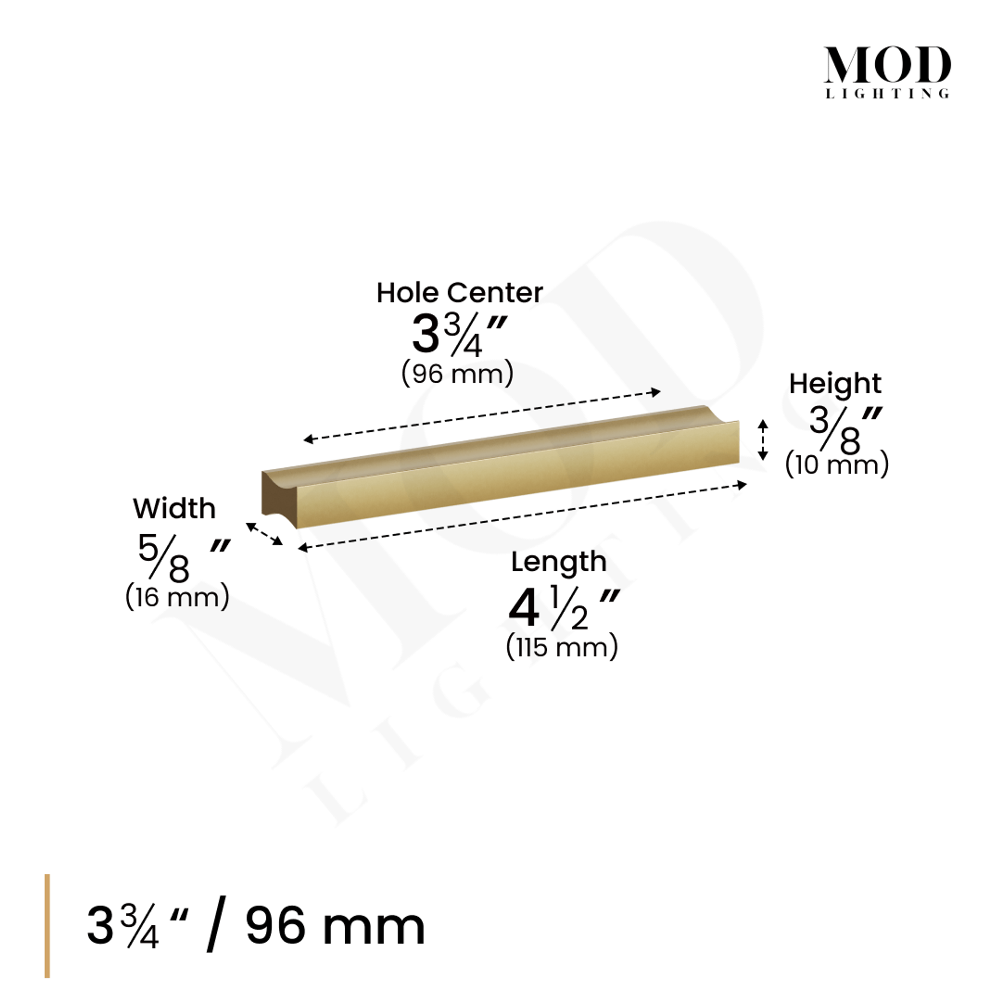 Iris cabinet pull dimension diagram, 3.75-inch/96 mm hole center, length 4.5 in, width 5/8 in, height 3/8 in