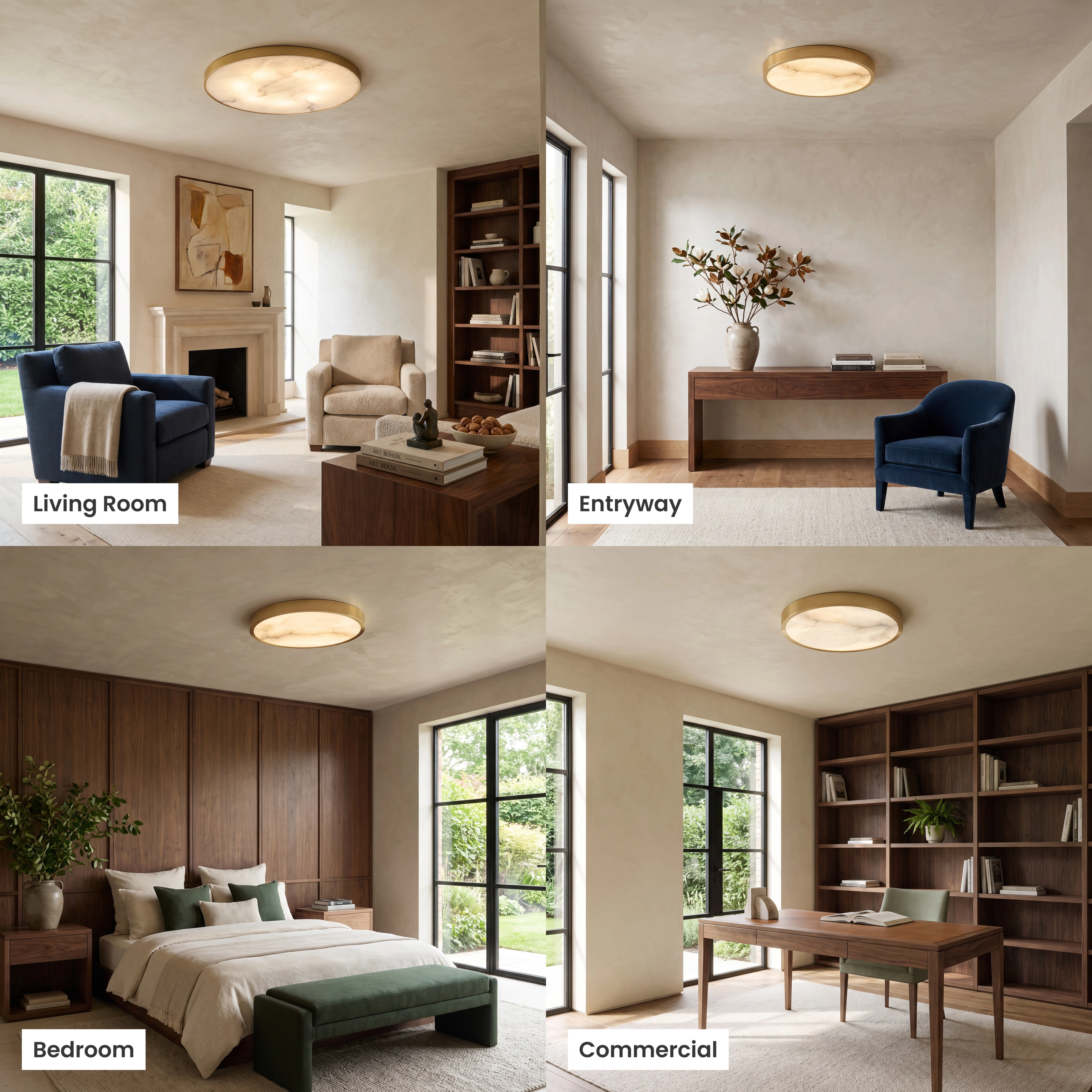 Celia Smart alabaster ceiling light shown in a living room, entryway, bedroom and office