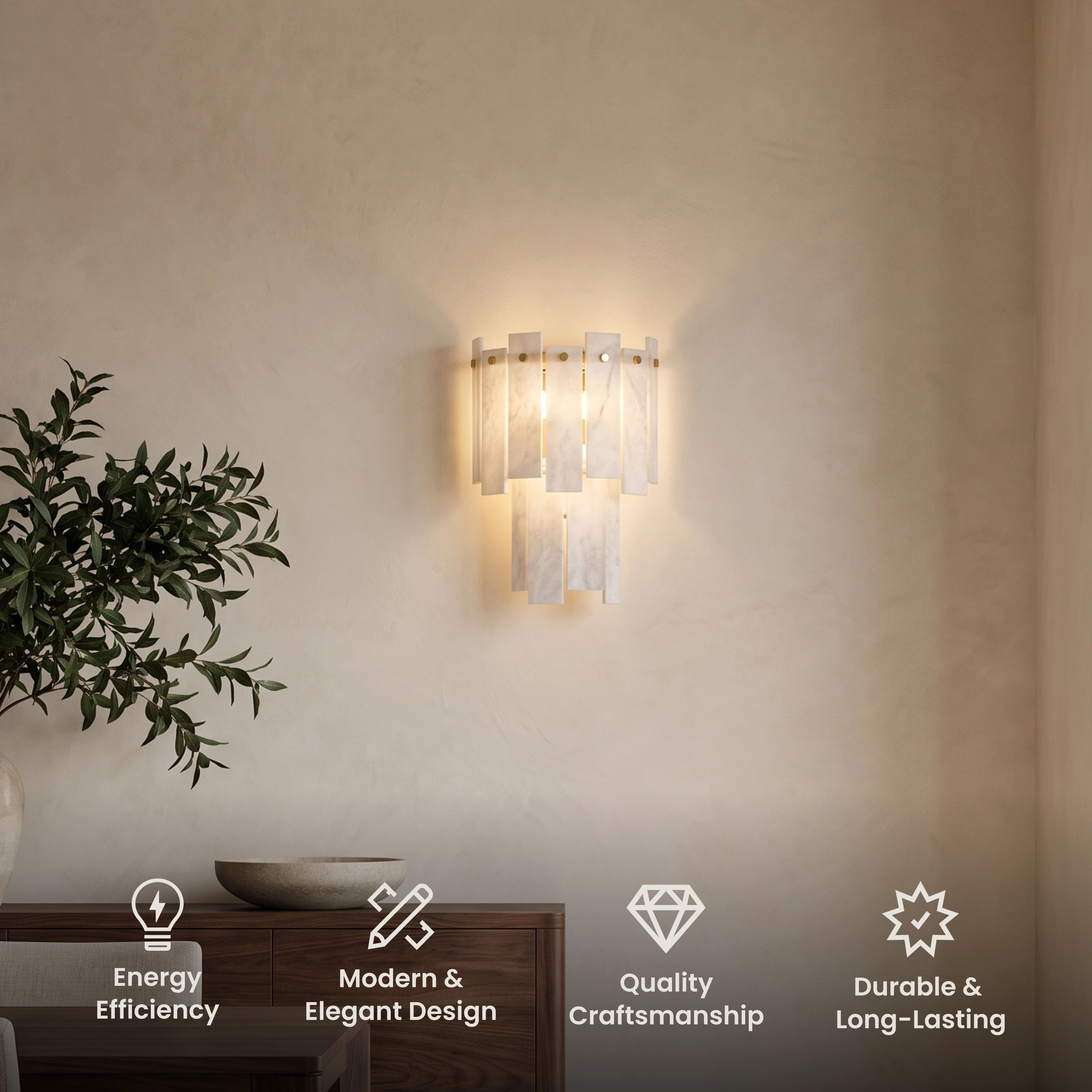 Velina alabaster wall sconce, gold frame with textured white alabaster panels on a marble wall