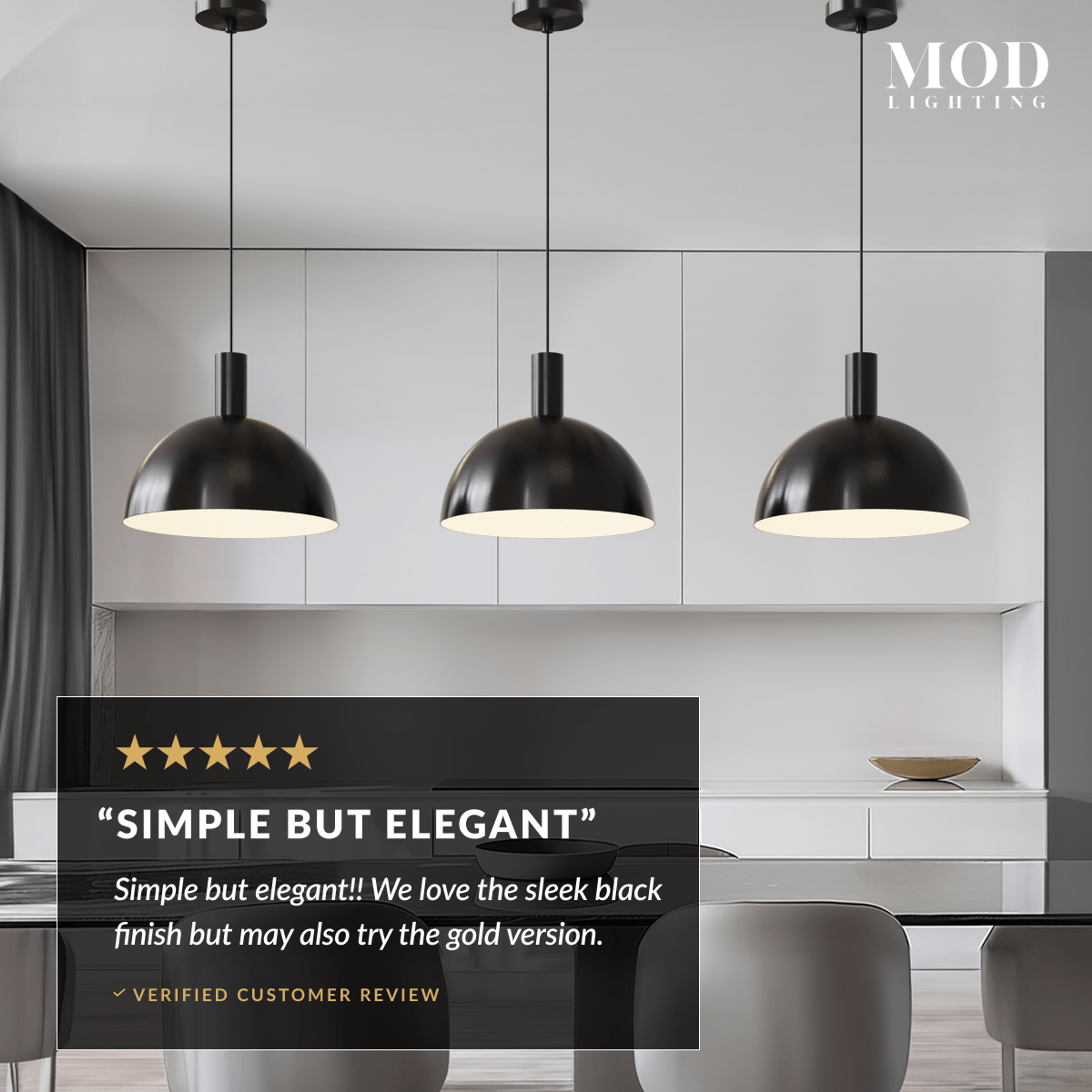 Kinsley black dome pendants in a row over a counter with a five-star customer review overlay