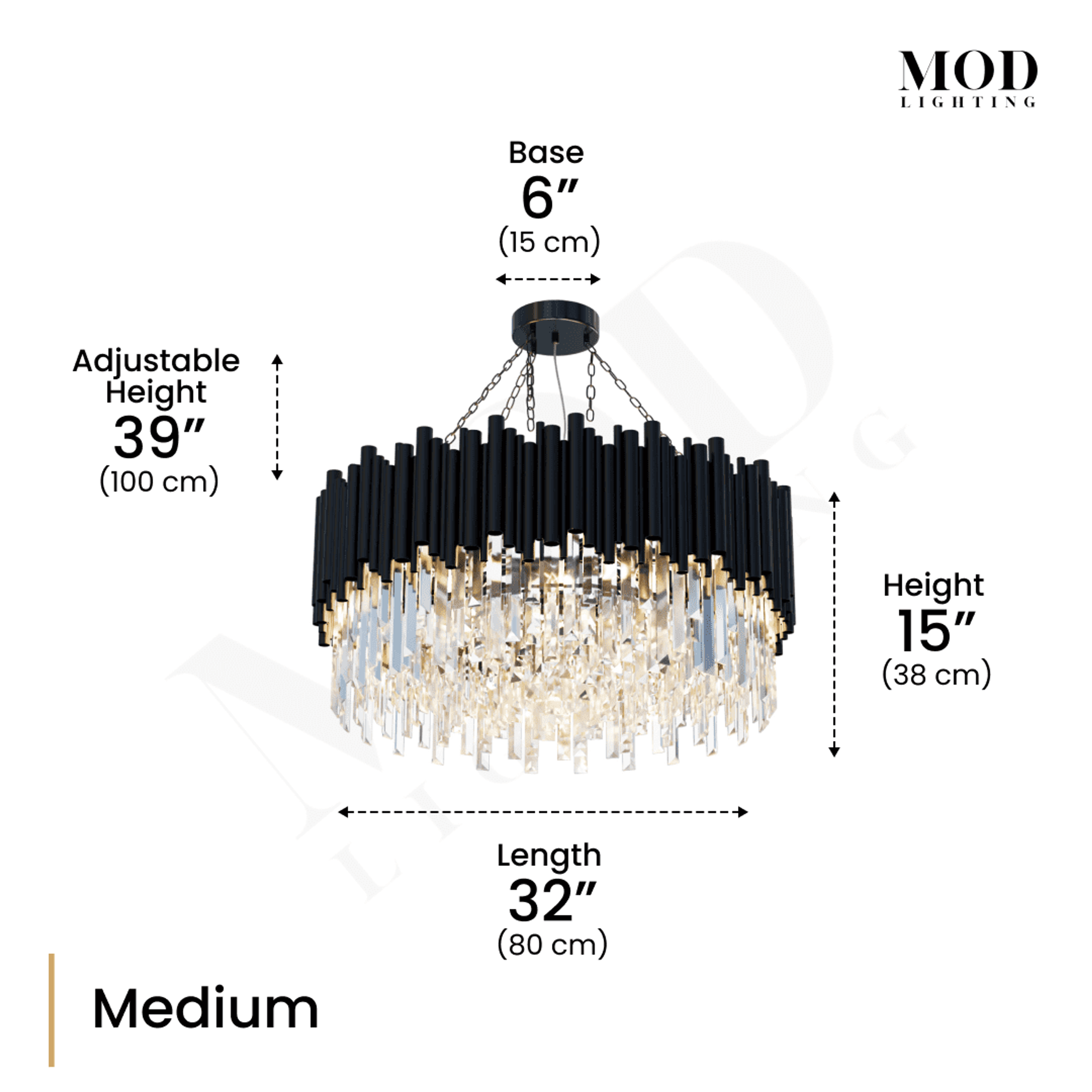 Obsidian black crystal chandelier dimension diagram, medium: 32-inch length, 15-inch height