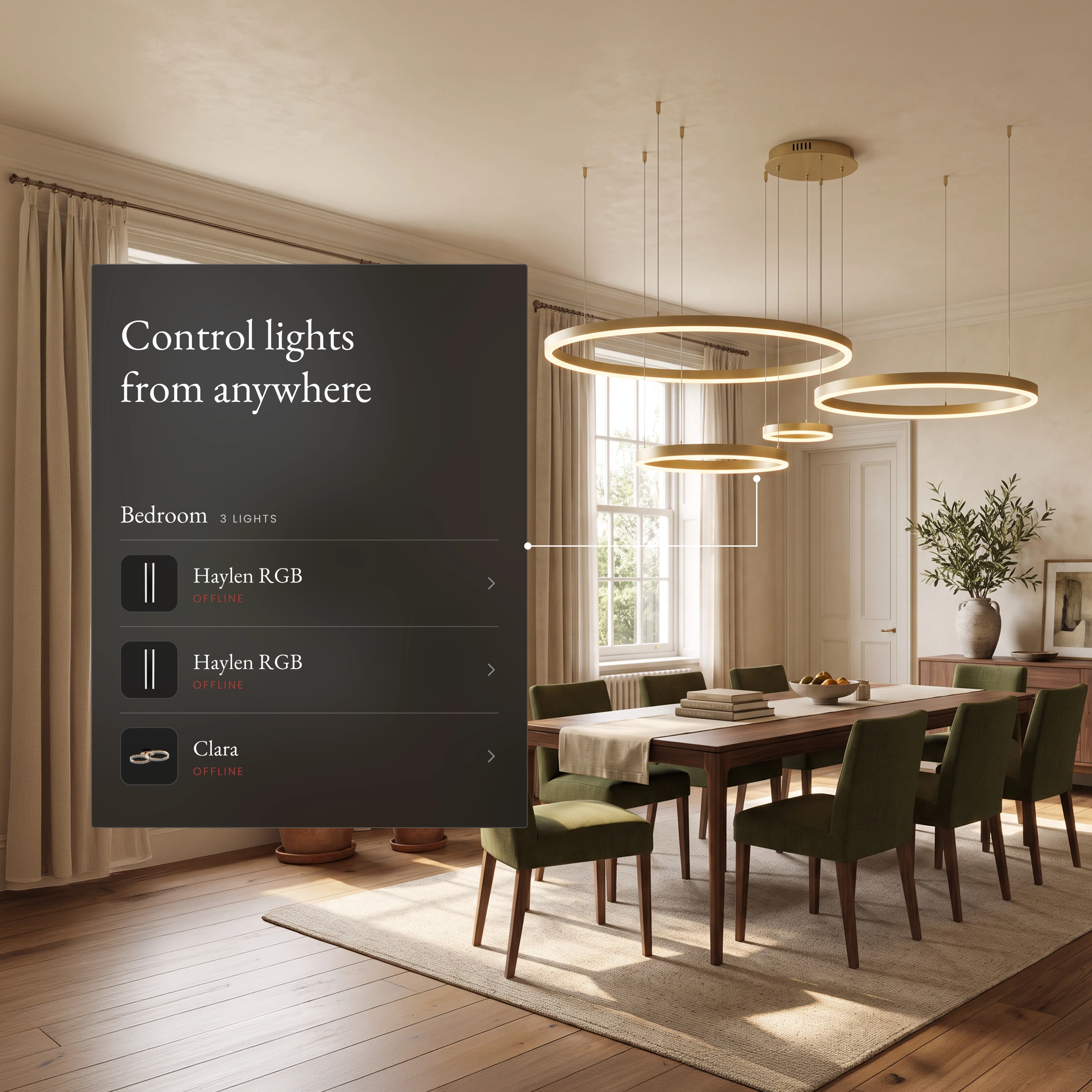 Charlotte Smart ring chandelier over a dining table beside an app panel controlling lights from anywhere