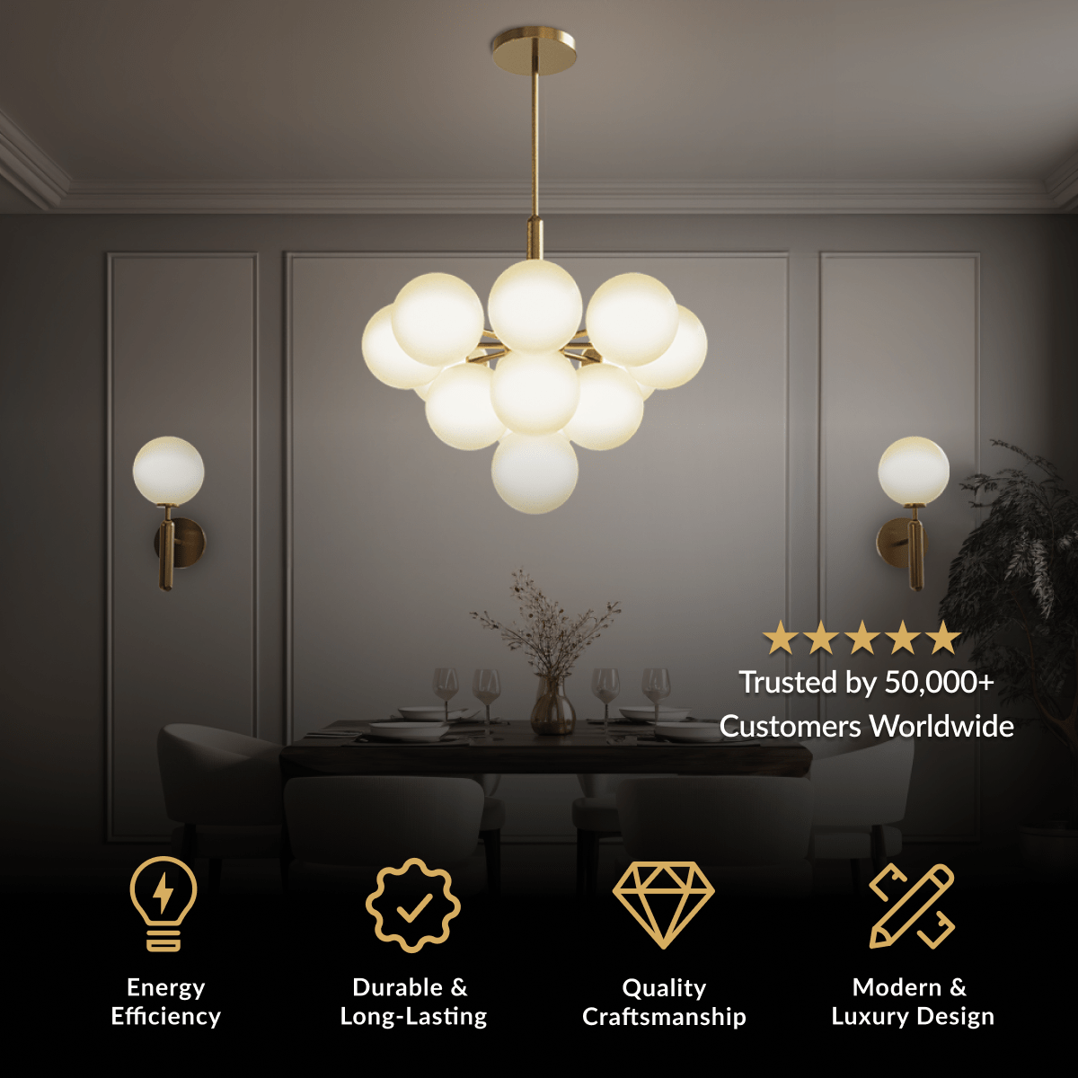 Angelica Pendant gold tiered cluster of white glass globes above a dining table