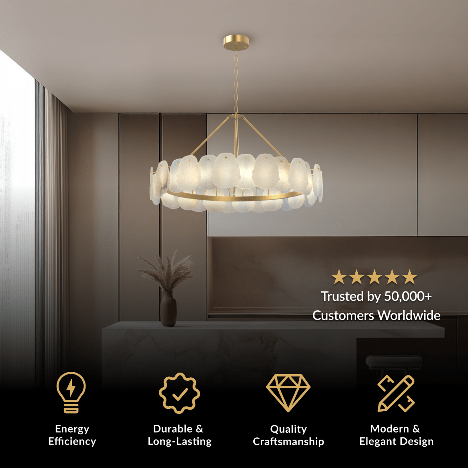 Alba chandelier, round brushed gold frame with layered alabaster panels suspended over a counter