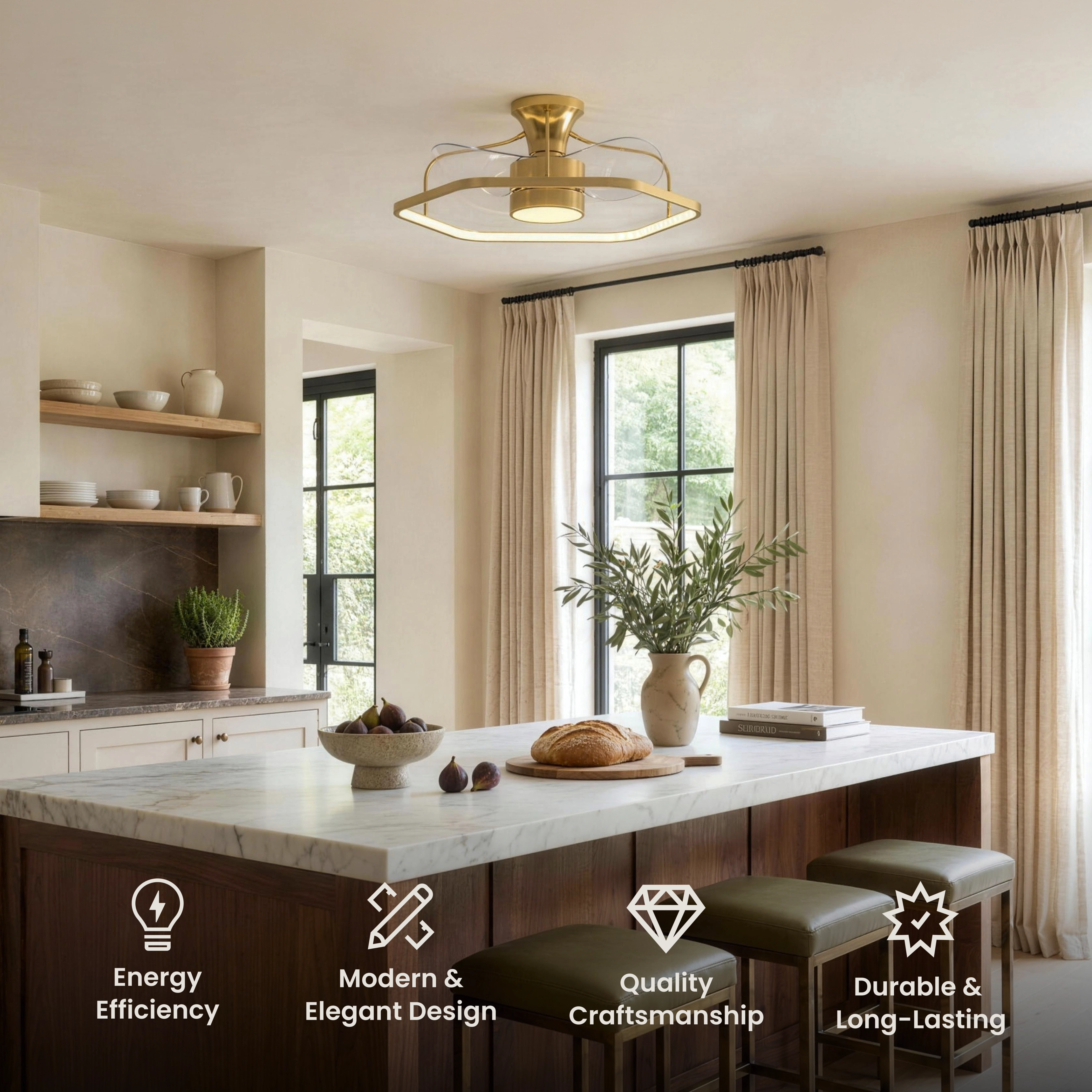 Virelle ceiling fan light, gold frame with retractable blades and central LED, mounted on a ceiling