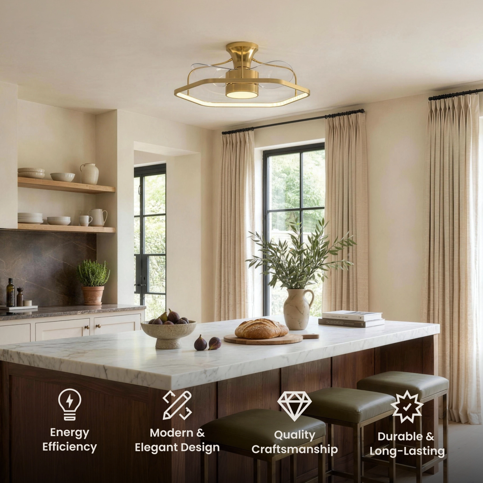 Virelle ceiling fan light, gold frame with retractable blades and central LED, mounted on a ceiling