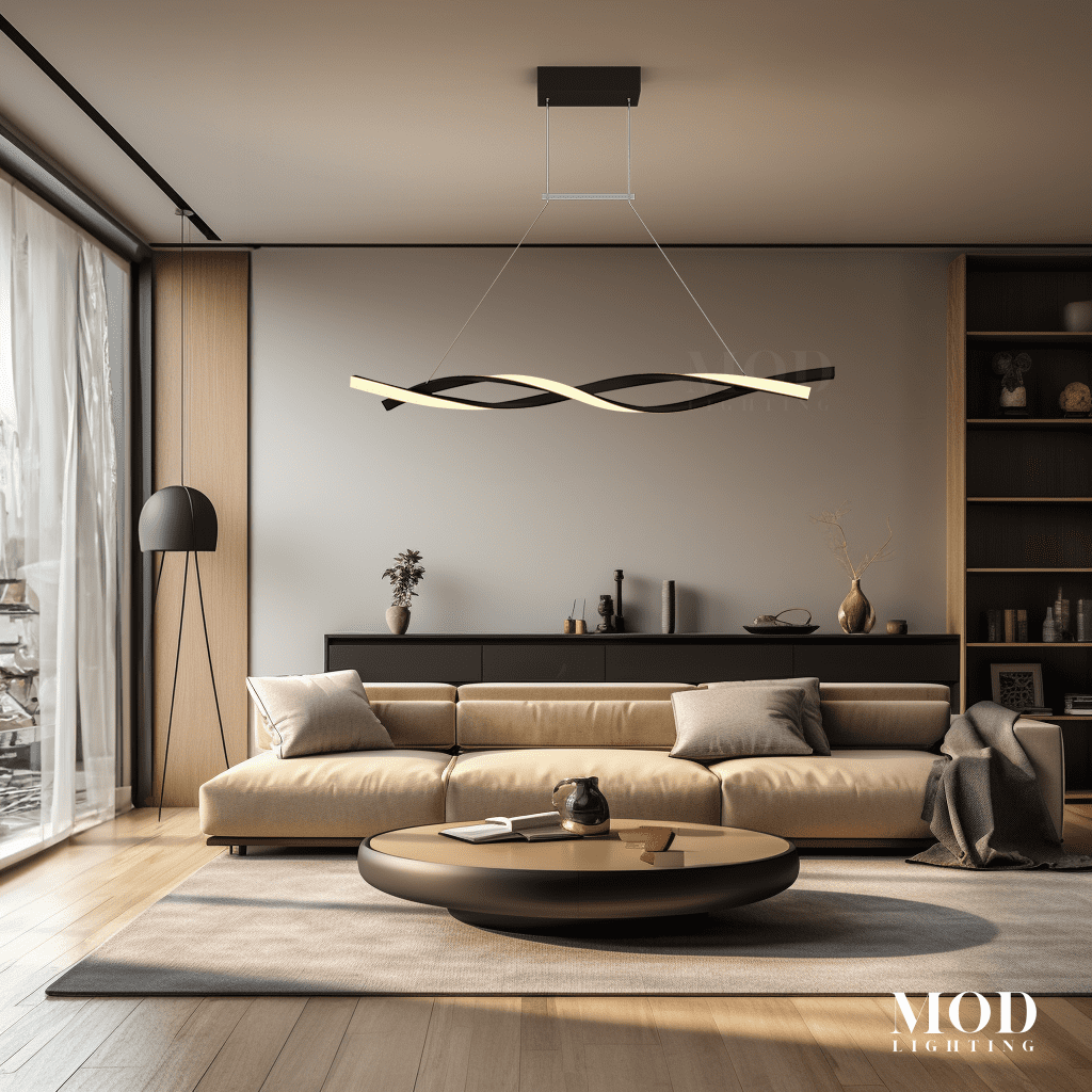 Wavey linear pendant, gold ribbon-form LED bar, over a beige sofa in a modern living room