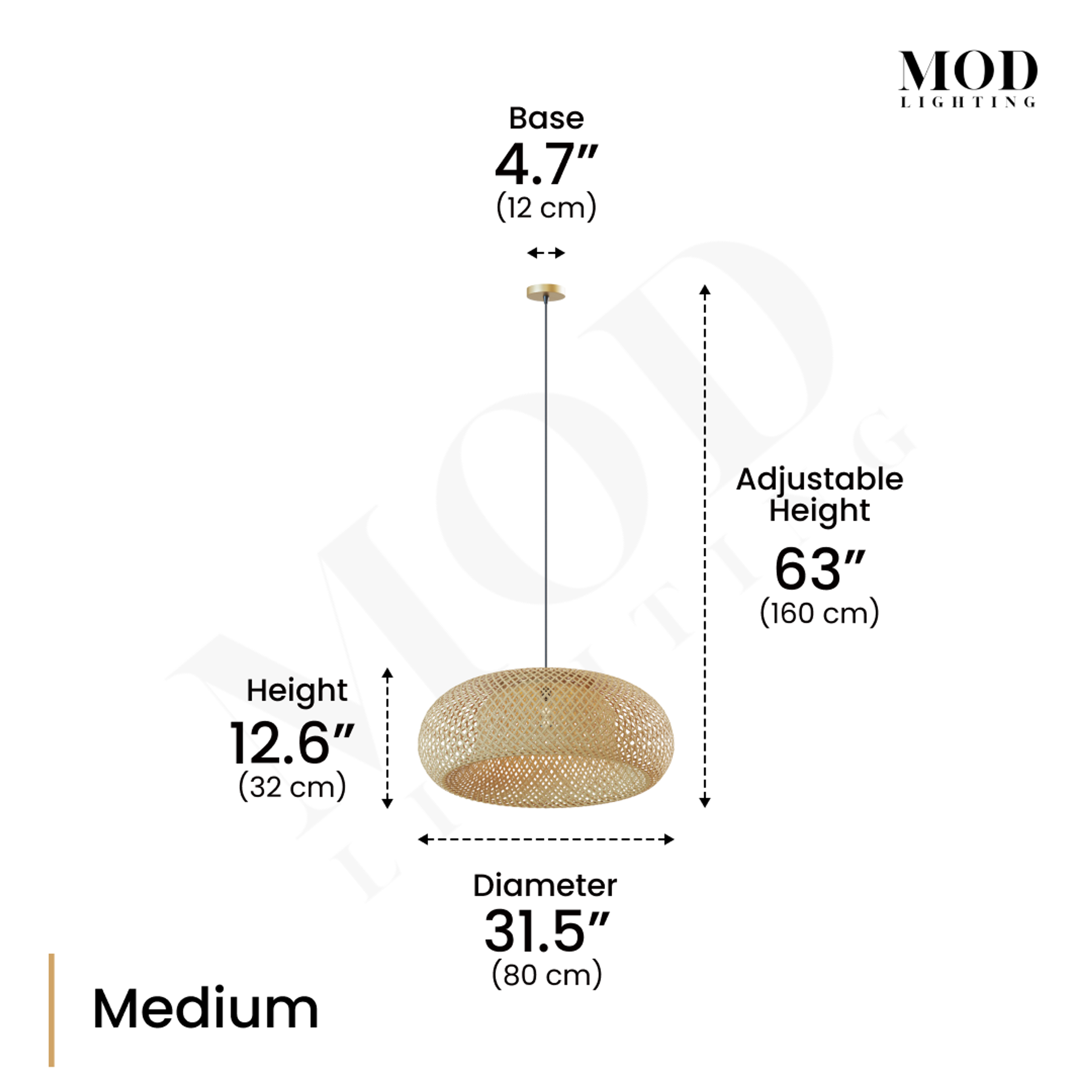 Amara bamboo dome pendant dimensions, Medium: 12.6in height, 31.5in diameter, 63in adjustable drop