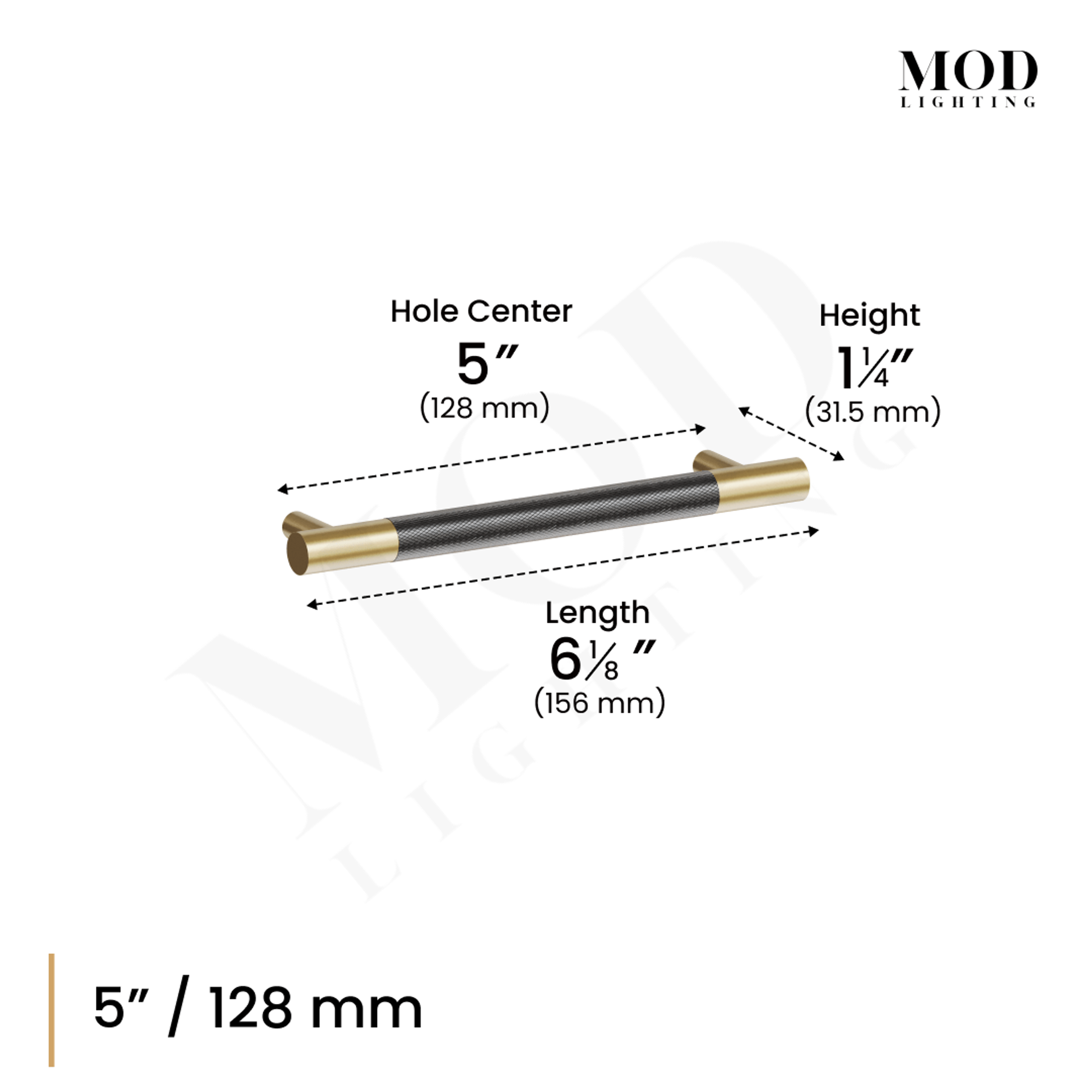 Wellington cabinet pull dimension diagram, black knurled bar with gold ends, 5-inch/128 mm hole center, length 6 1/8 in