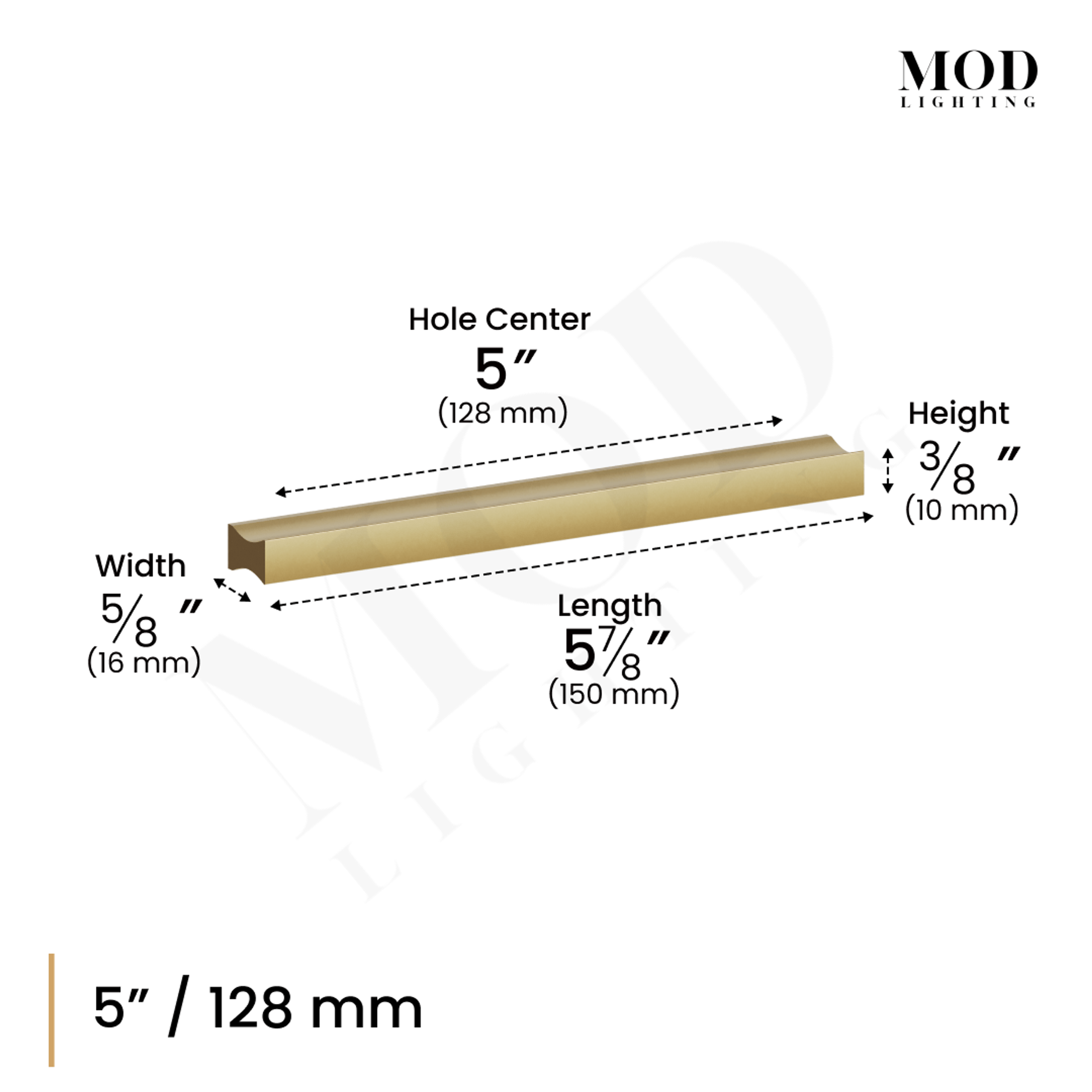 Iris cabinet pull dimension diagram, 5-inch/128 mm hole center, length 5.875 in, width 5/8 in, height 3/8 in