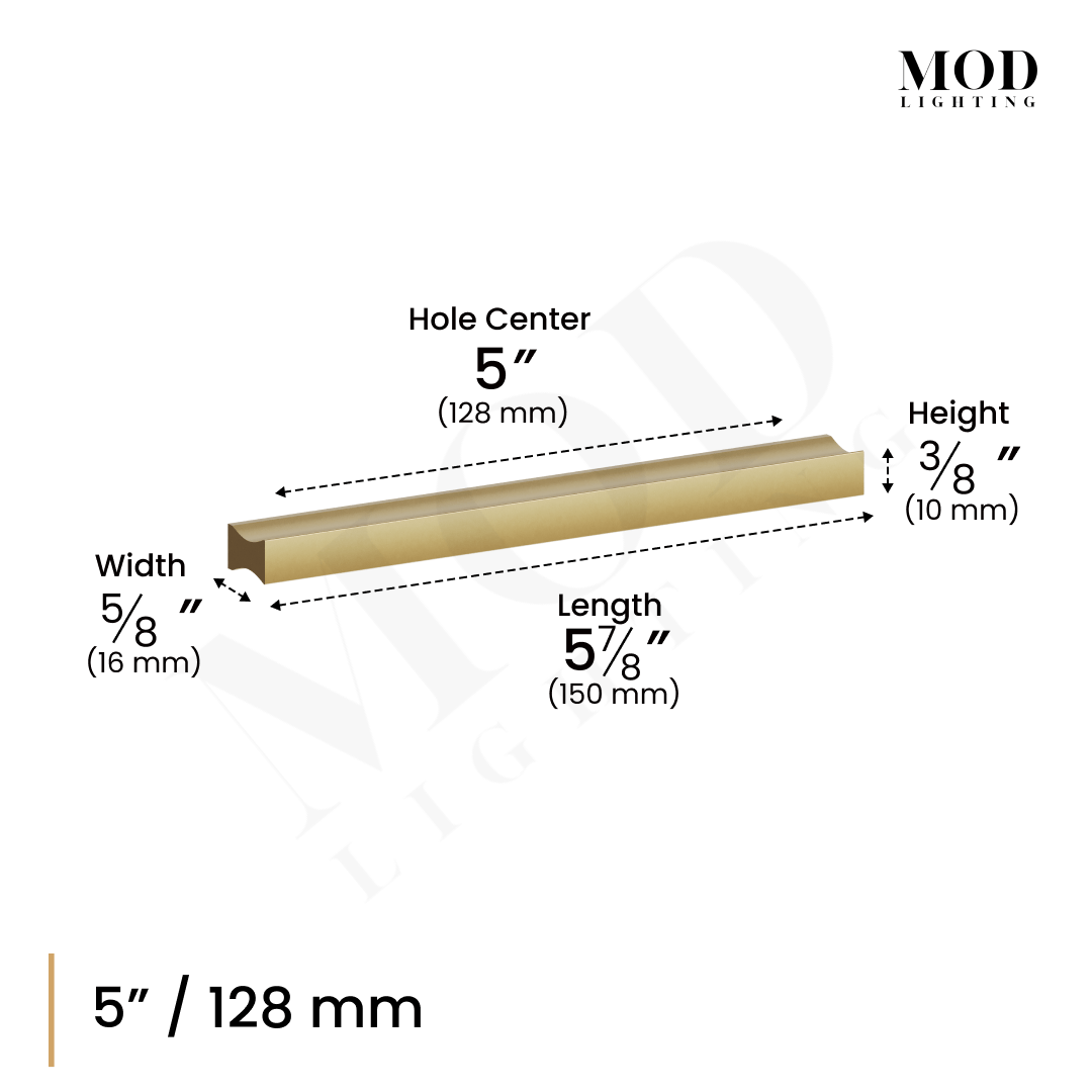 Iris cabinet pull dimension diagram, 5-inch/128 mm hole center, length 5.875 in, width 5/8 in, height 3/8 in