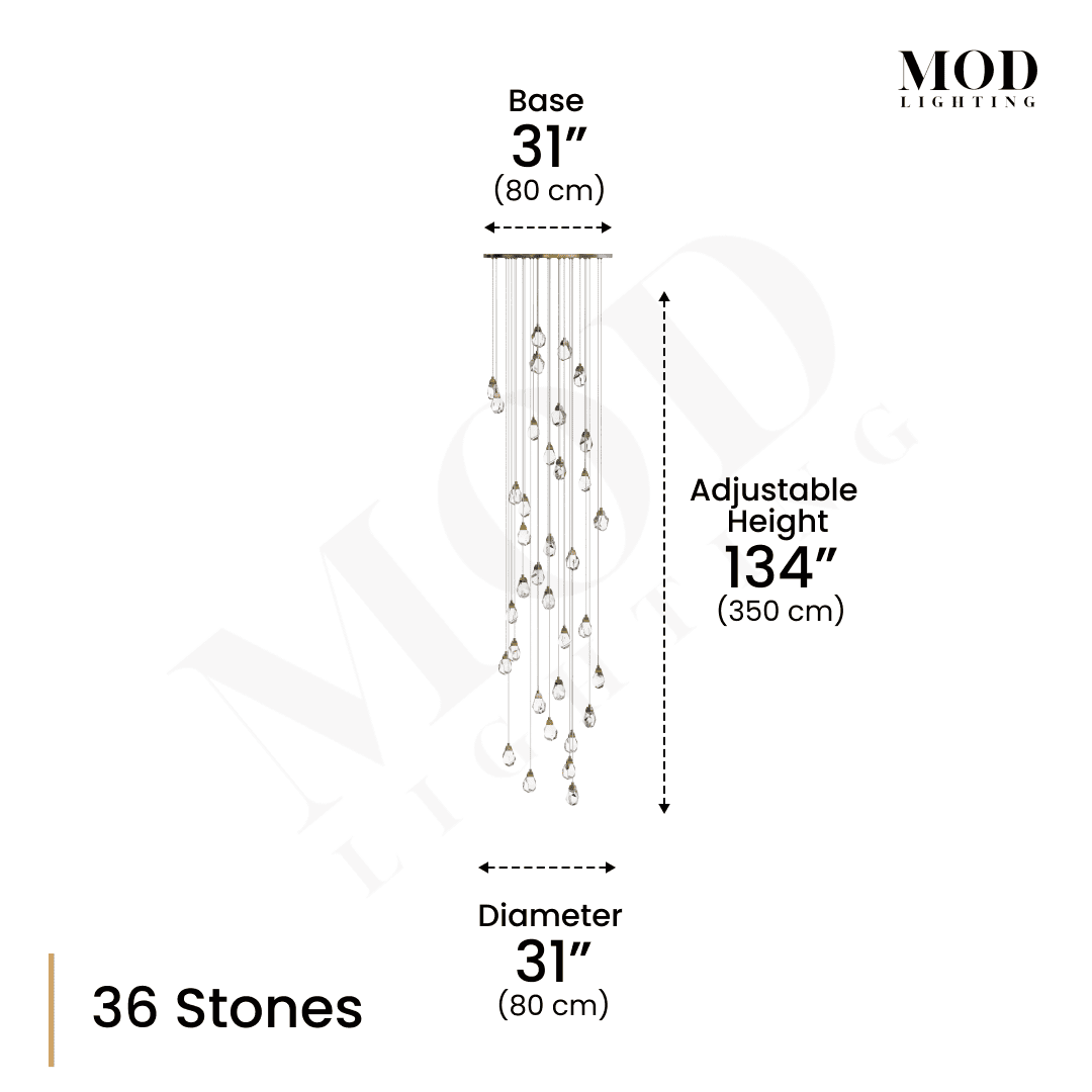 Hailstone dimension diagram, 36 faceted crystal stones, 31" base and diameter, 134" adjustable height
