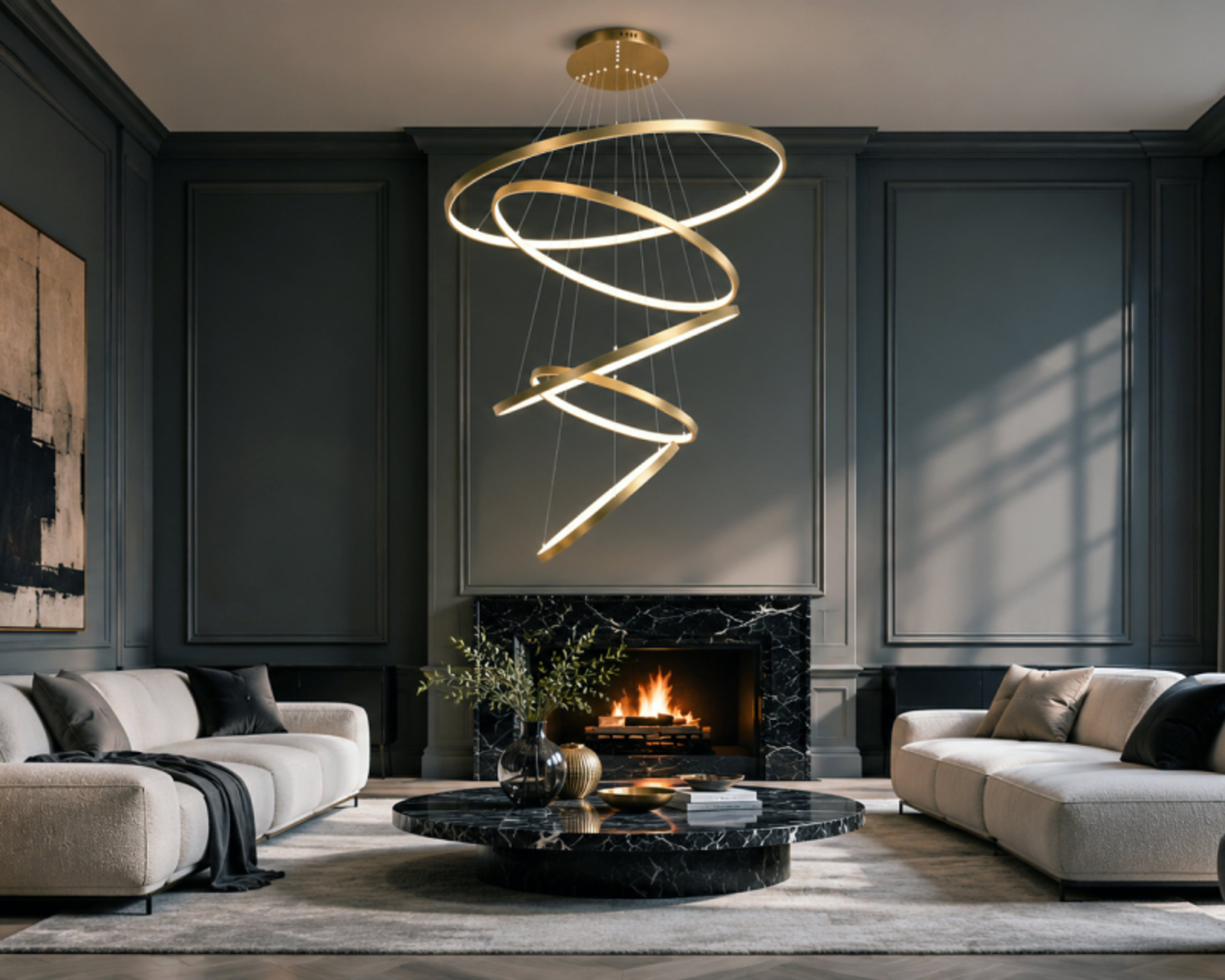 Sculptural ring chandelier above a living room