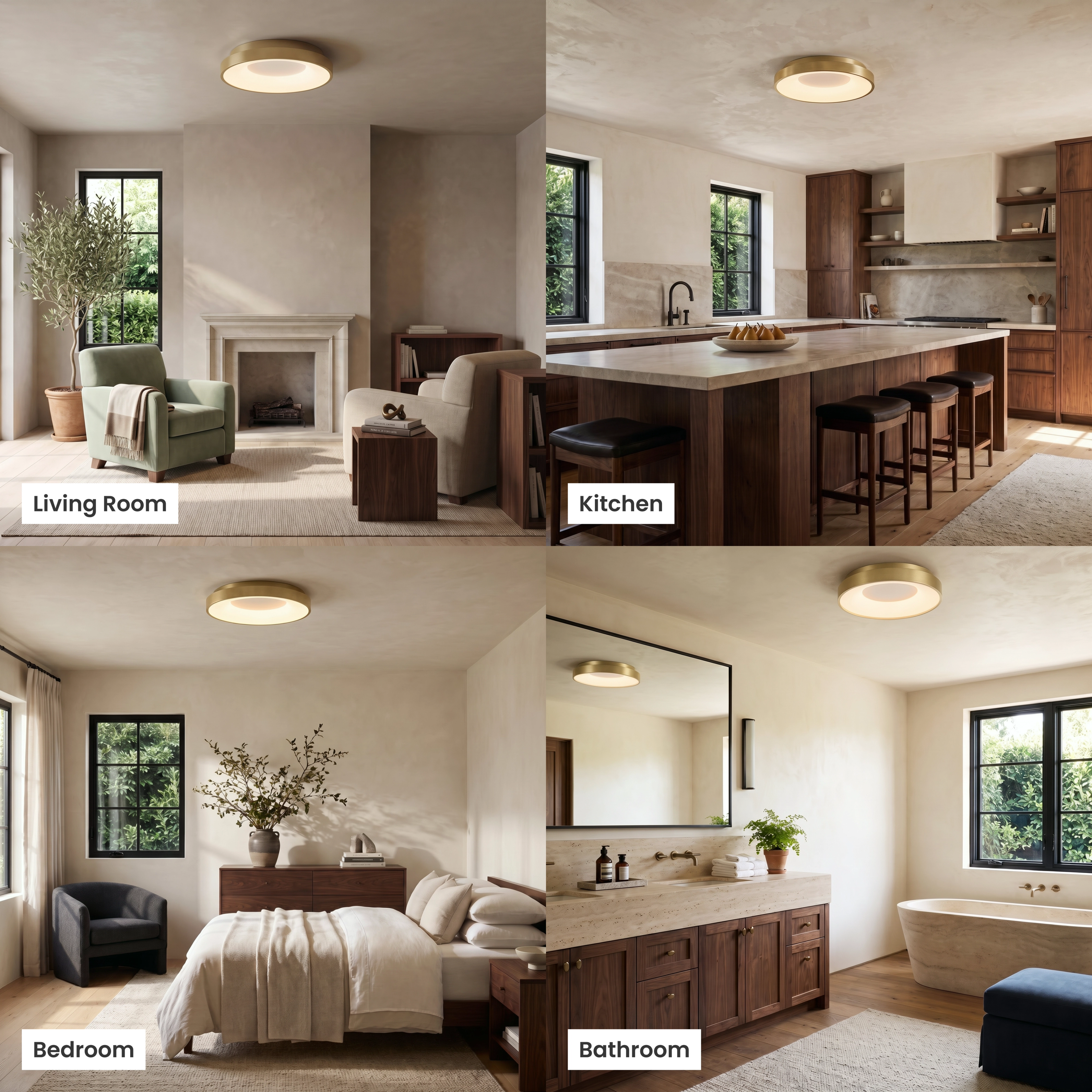 Bryce Smart ceiling light shown in living room, kitchen, bedroom and bathroom settings