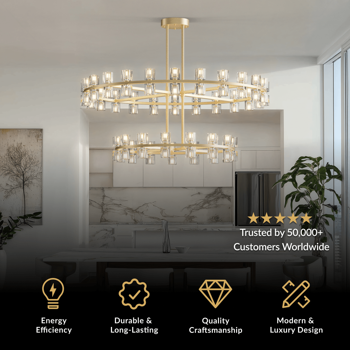 Sunset Chandelier, two-tiered brass frame with vertical crystal shades over a dining area