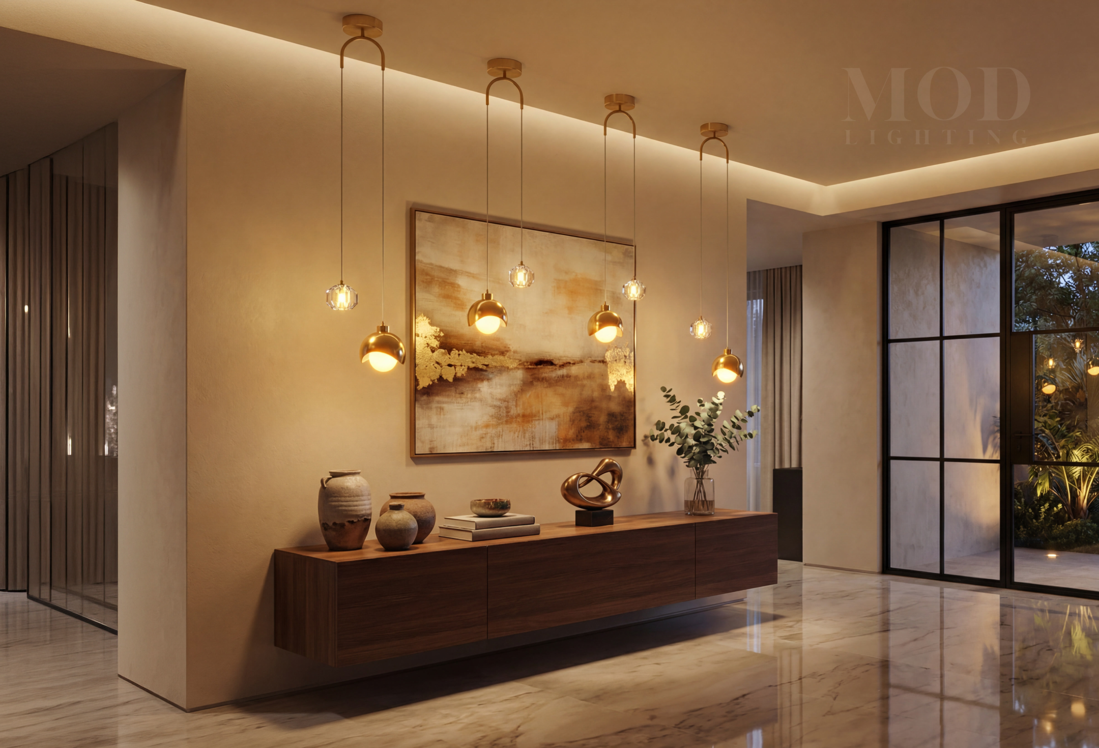 Cluster of pendants at varying heights in a warm modern entryway