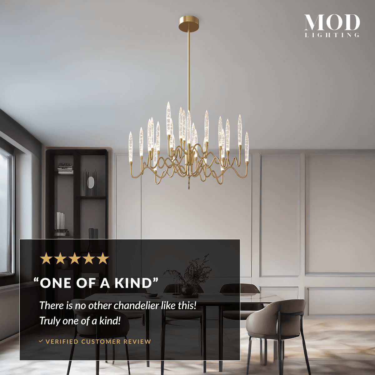 Kanderella gold crystal-tipped chandelier over a dining table beside a customer review card