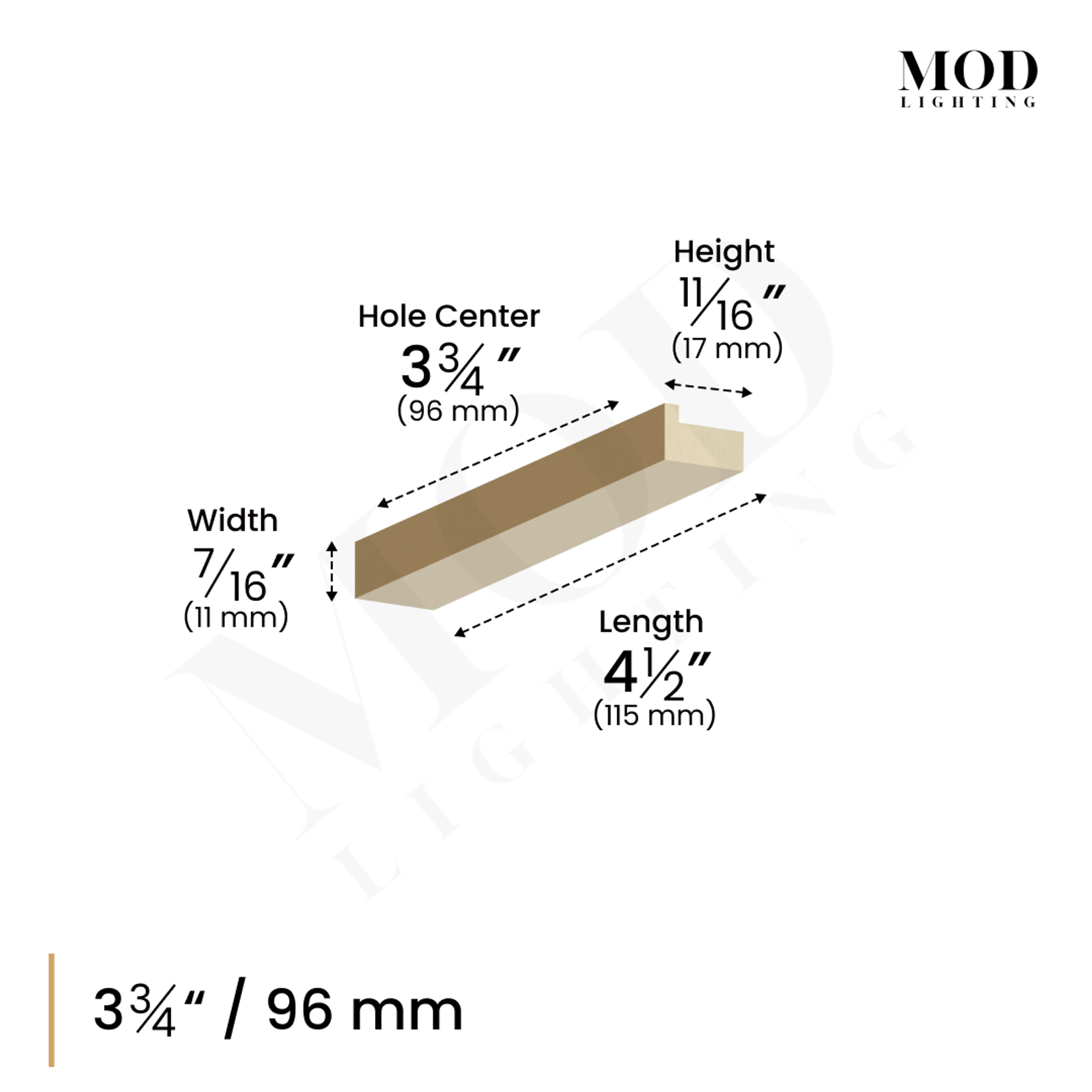Innis cabinet pull dimension diagram, 3.75-inch/96 mm hole center, length 4.5 in, width 7/16 in, height 11/16 in