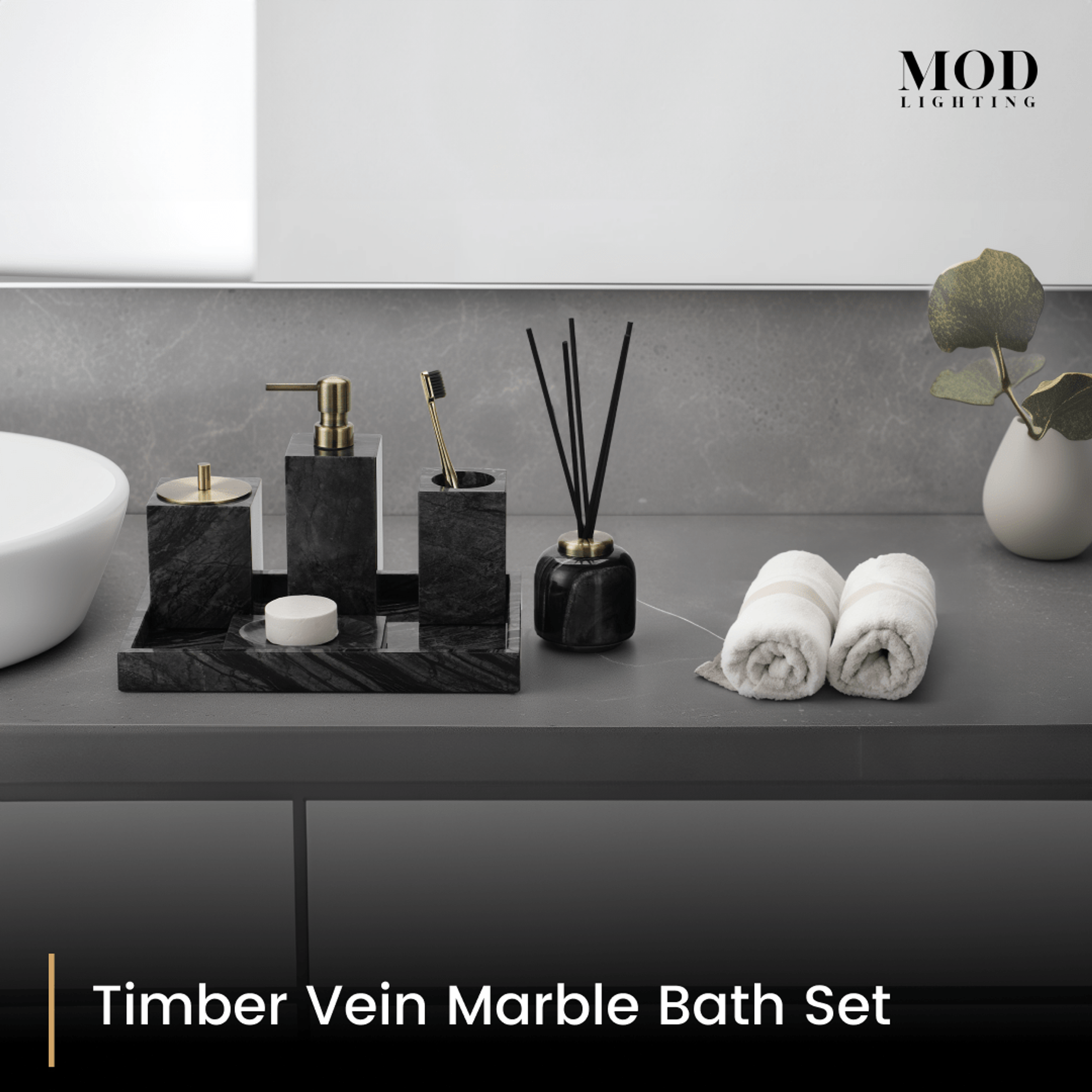 Timber Vein Marble Bath Set on a tray with rolled white towels on a grey vanity