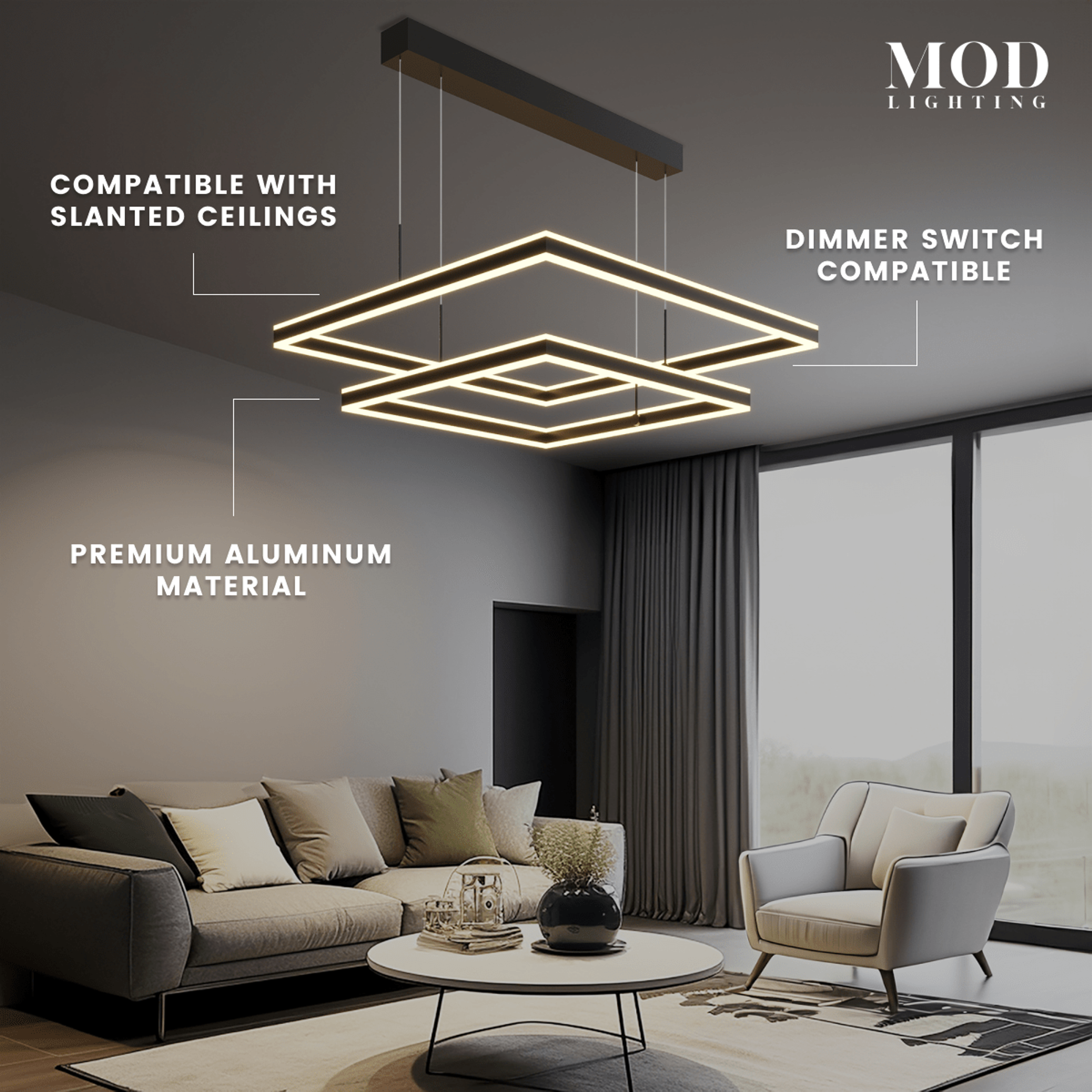 Arcade black tiered square LED chandelier over a sofa; aluminum, dimmable, fits slanted ceilings