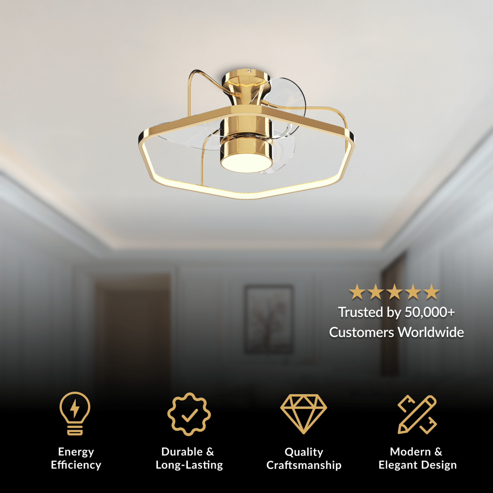 Virelle ceiling fan light, gold frame with retractable blades and central LED, mounted on a ceiling