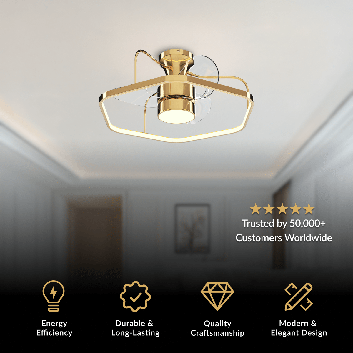 Virelle ceiling fan light, gold frame with retractable blades and central LED, mounted on a ceiling